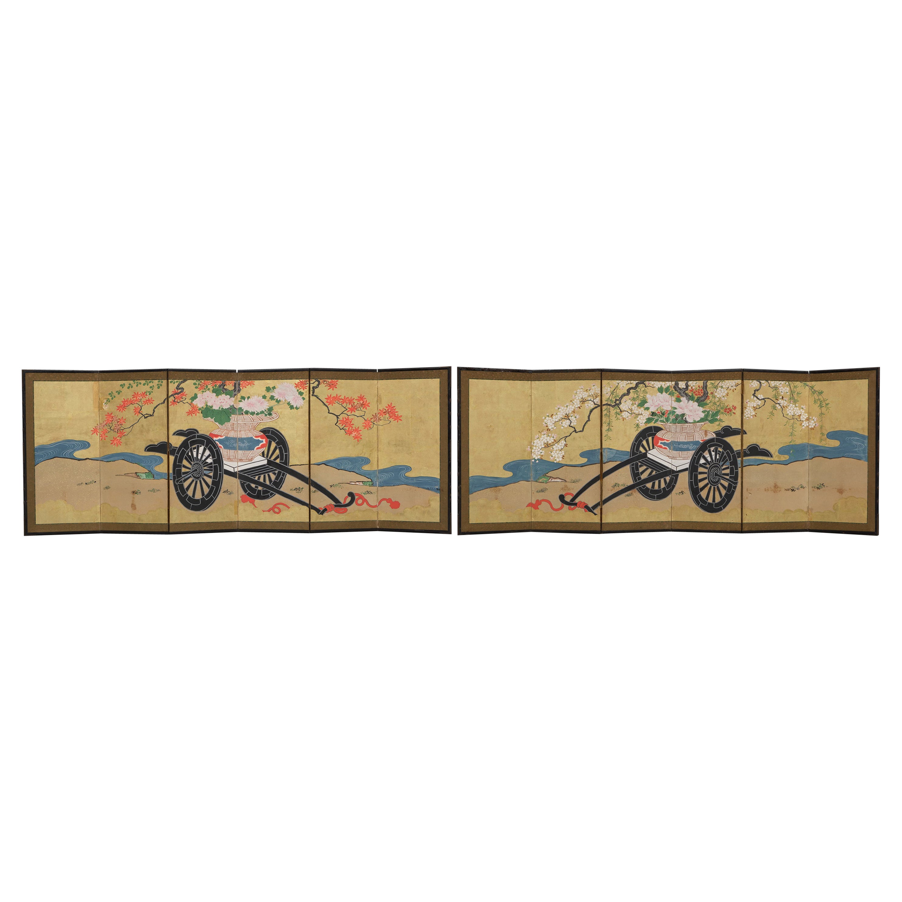 Pair of Japanese hinagata byôbu 雛形屏風 (small folding screens) with flower carts For Sale