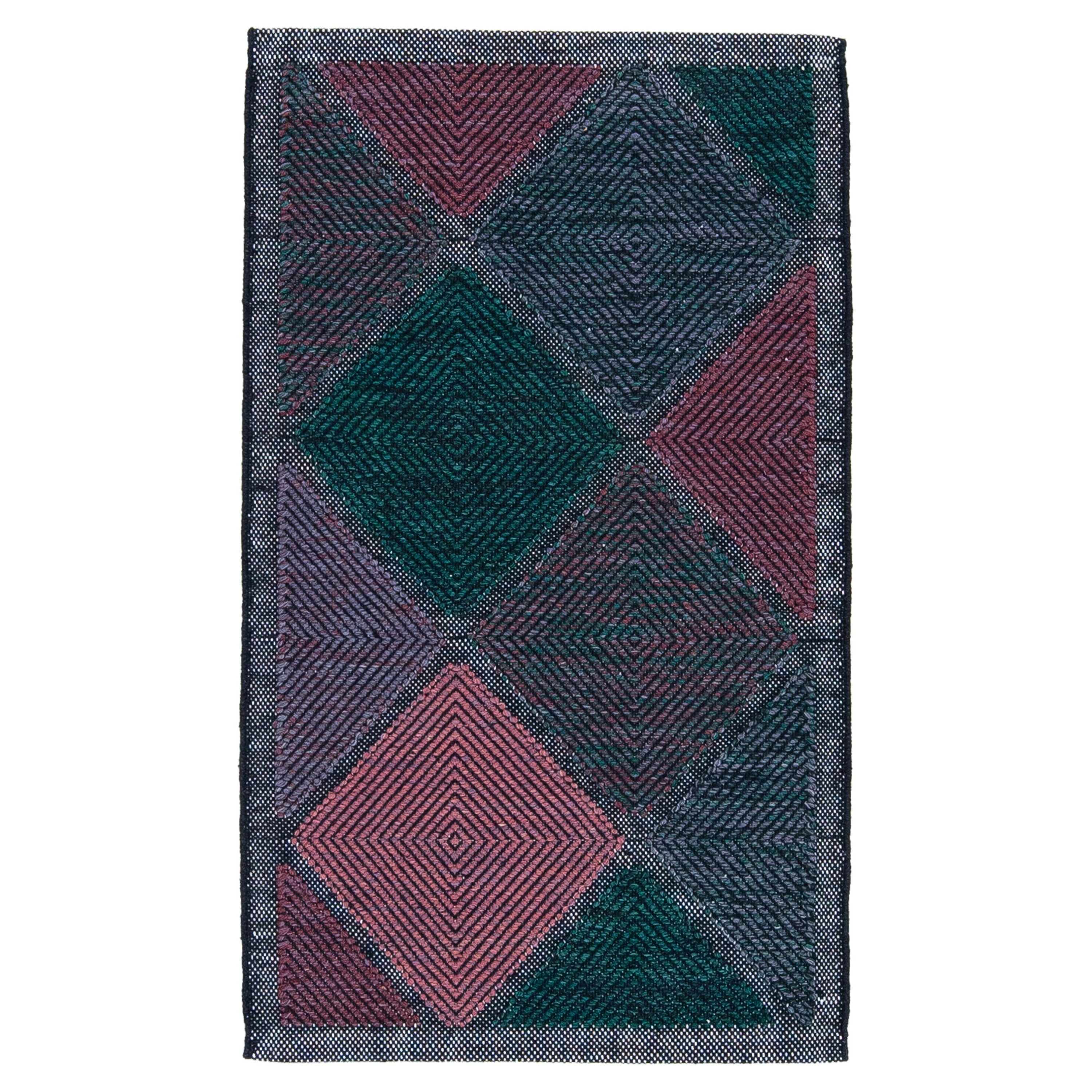 Modern Swedish Style Scatter Wool Rug Green and Pink Geometric Pattern  For Sale