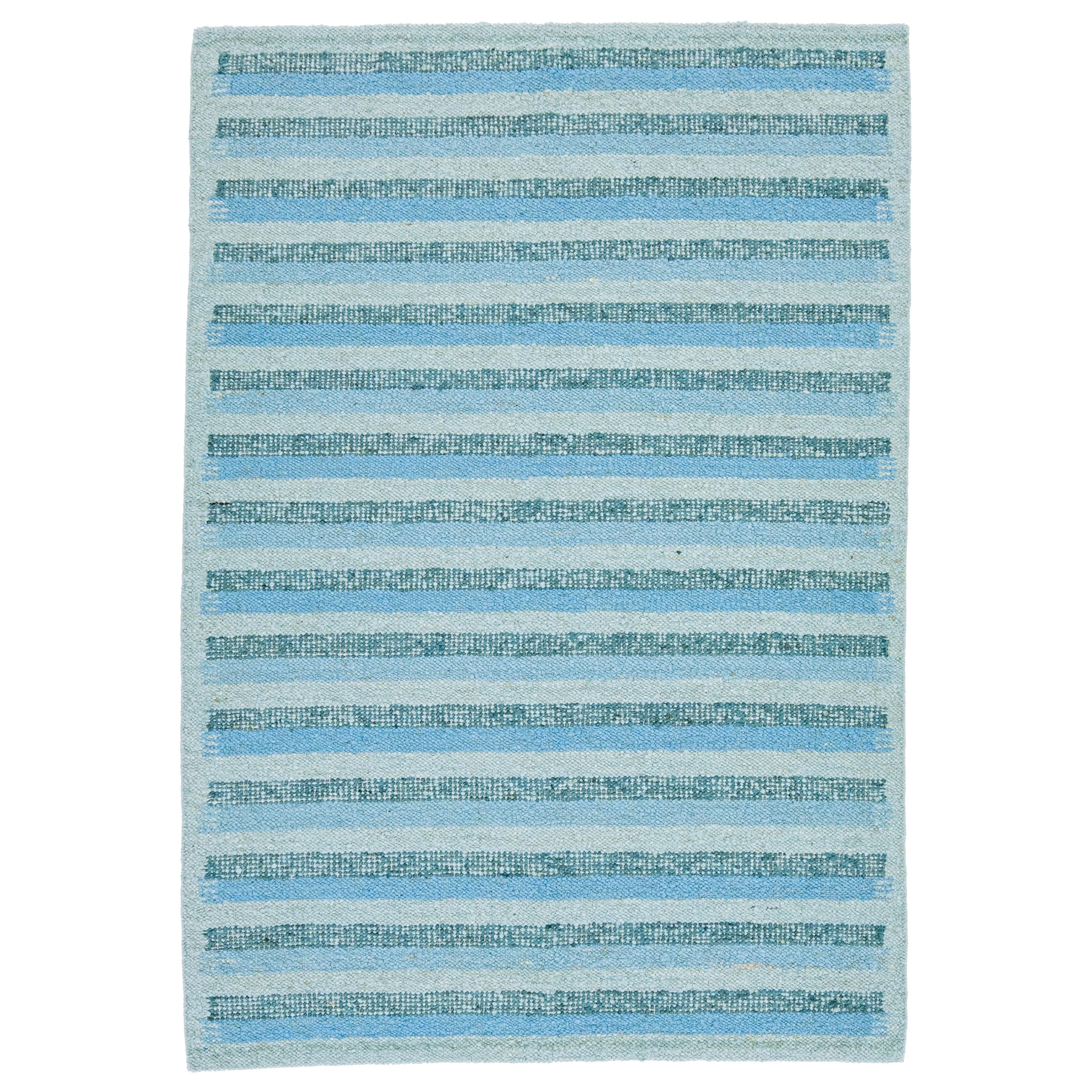 Modern Striped Swedish Style Wool Rug Handmade With Light Blue and Green Field