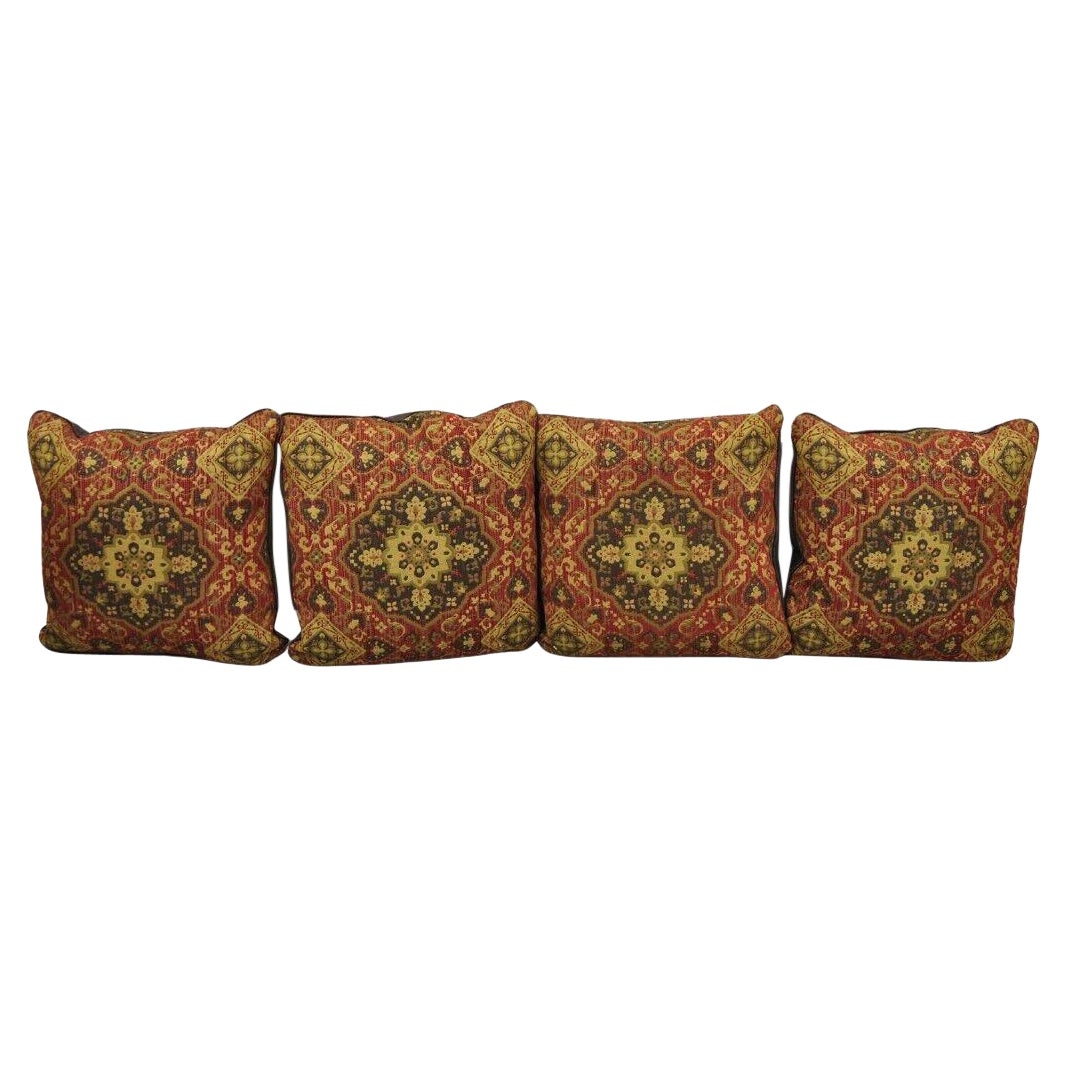 4 Contemporary Mediterranean Style Red and Brown Tapestry Faux Leather Pillows For Sale