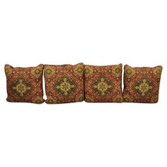 4 Contemporary Mediterranean Style Red and Brown Tapestry Faux Leather Pillows