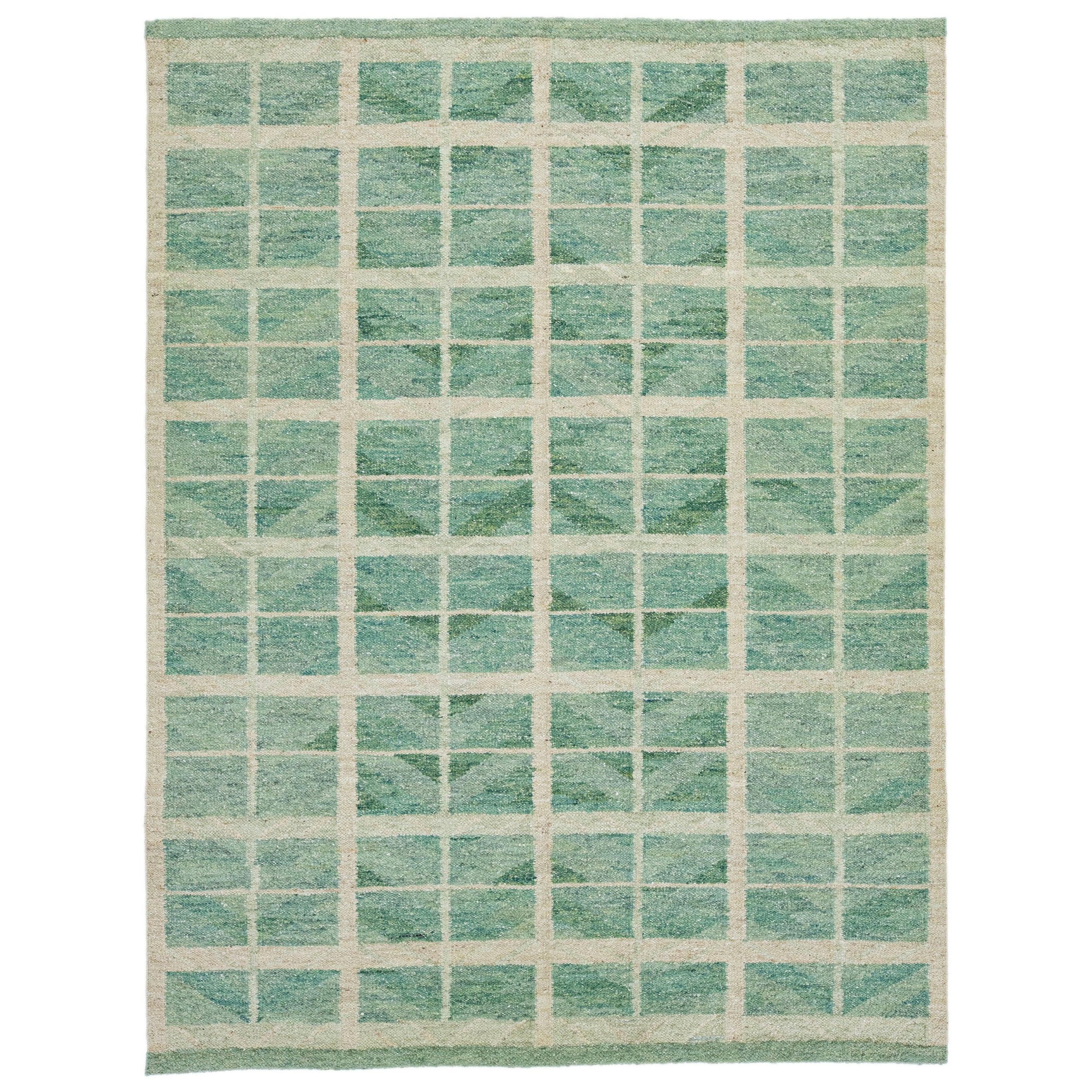 Modern Green Swedish Style Wool Rug Handmade With Geometric Pattern For ...
