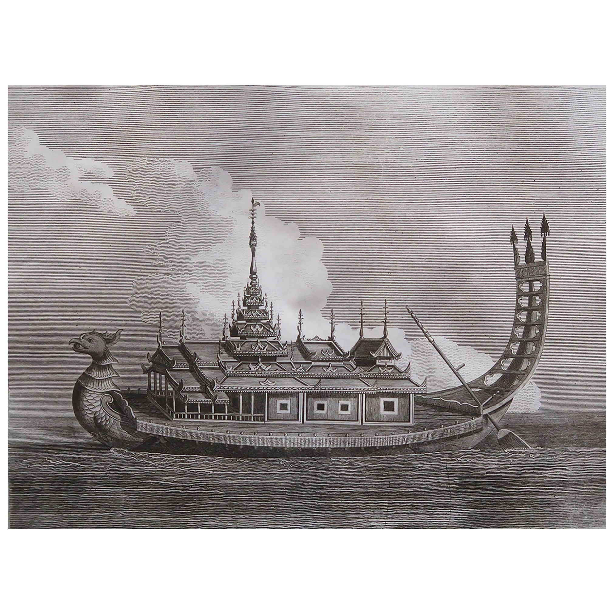 Impression ancienne originale de The Royal Golden Barge, Myanmar. C.1800