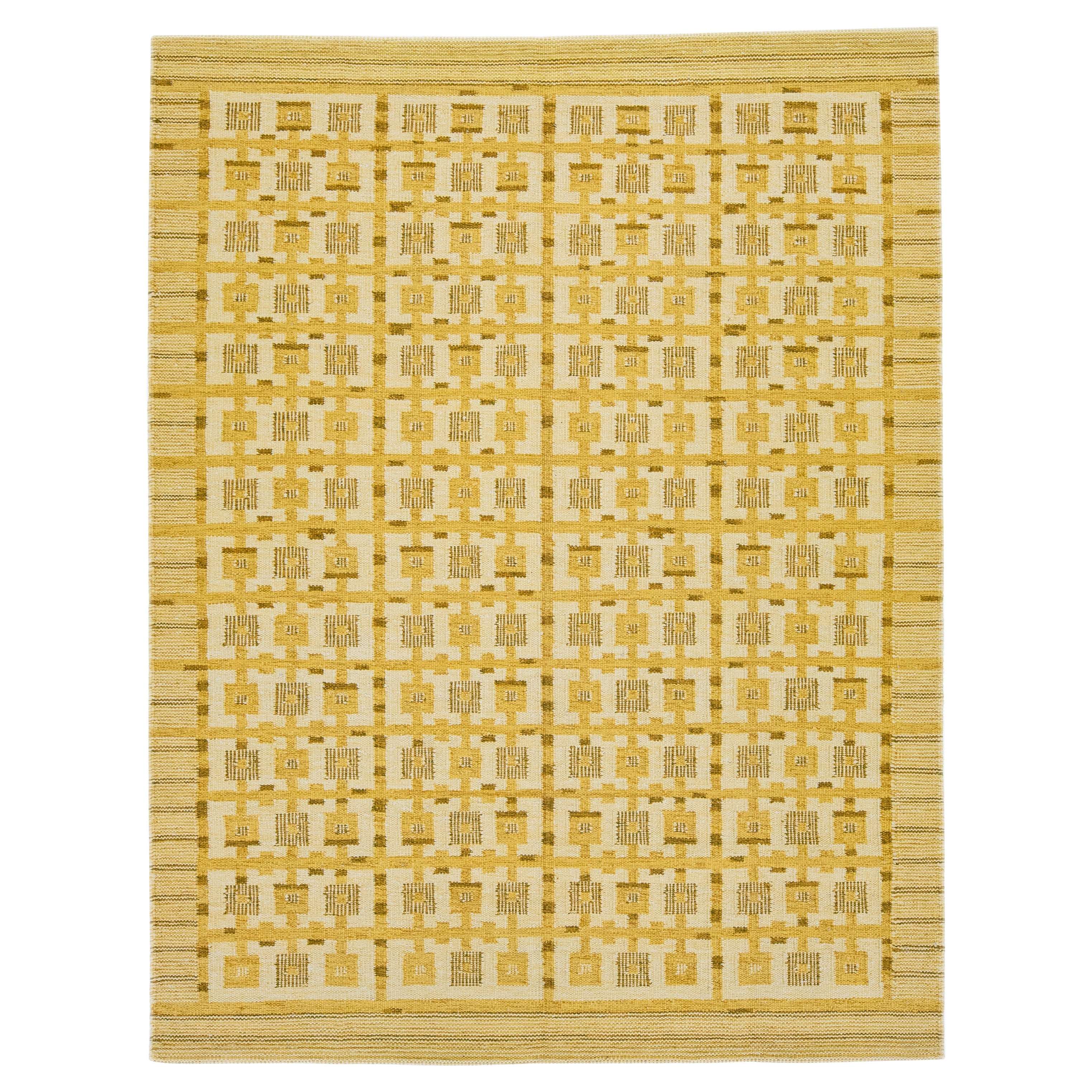 Gelber moderner Wollteppich im schwedischen Stil, handgefertigt mit geometrischem Design im Angebot