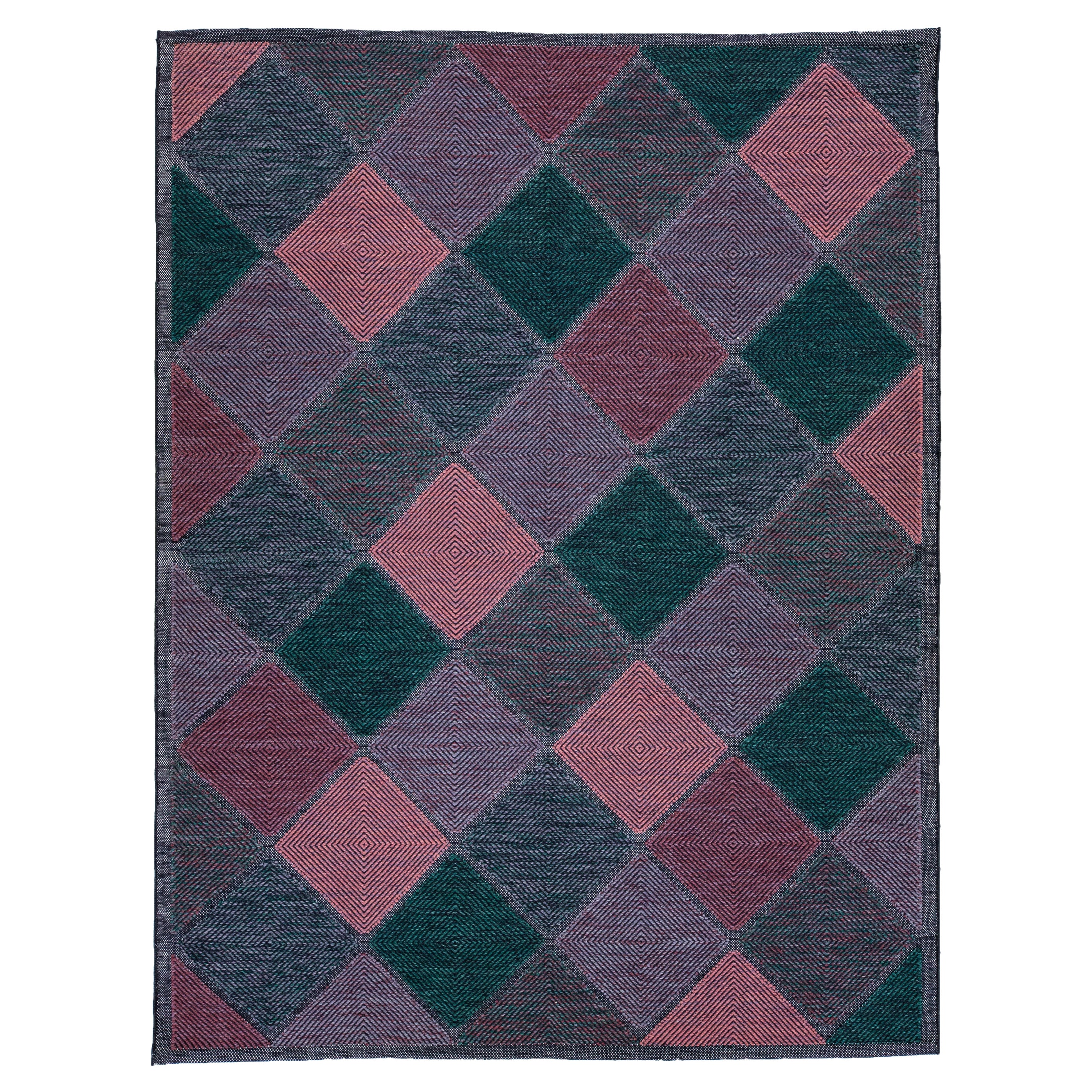 Geometric Modern Swedish Style Room Size Wool Rug In Green and Pink For Sale