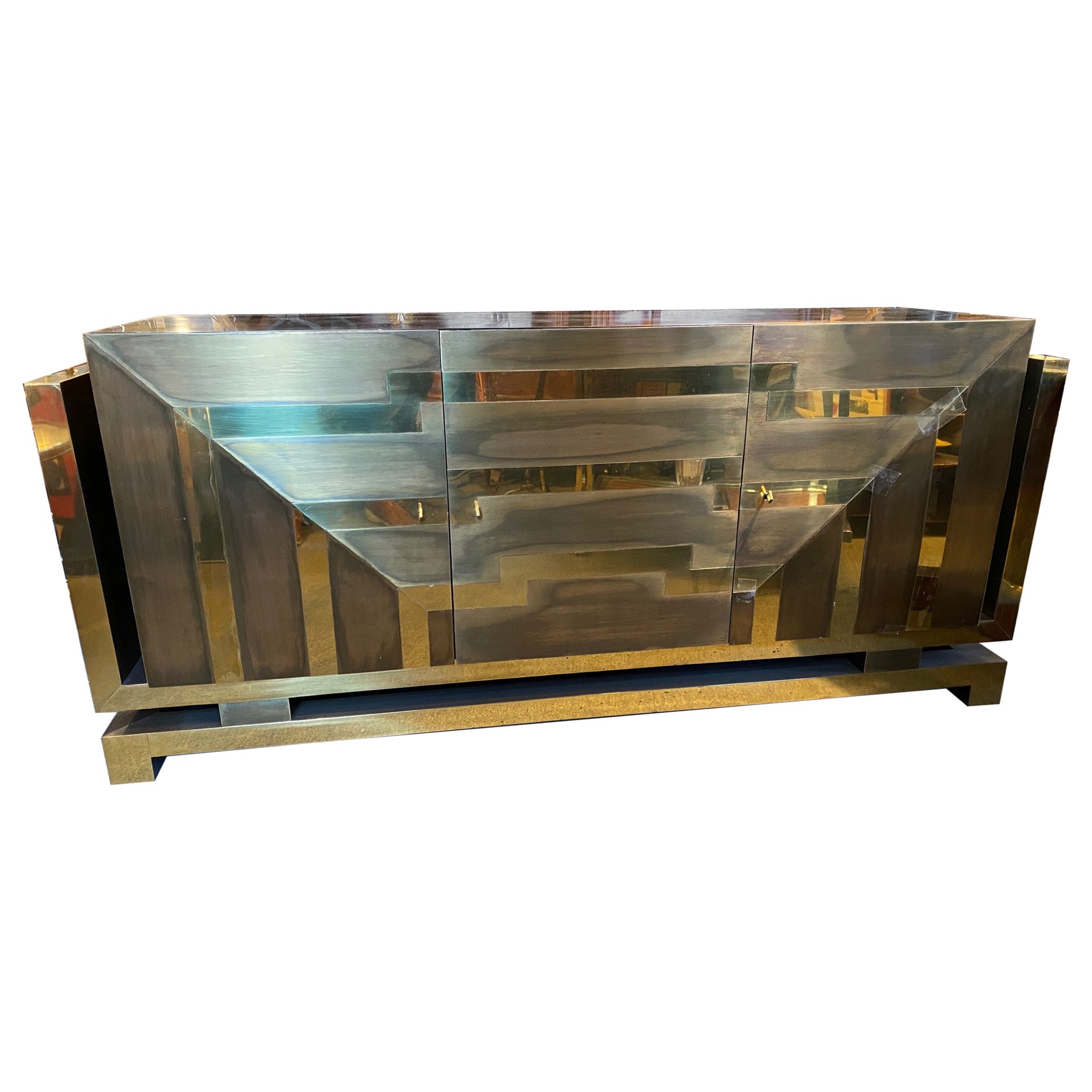 Modernist Polished and Patinated Brass Credenza For Sale