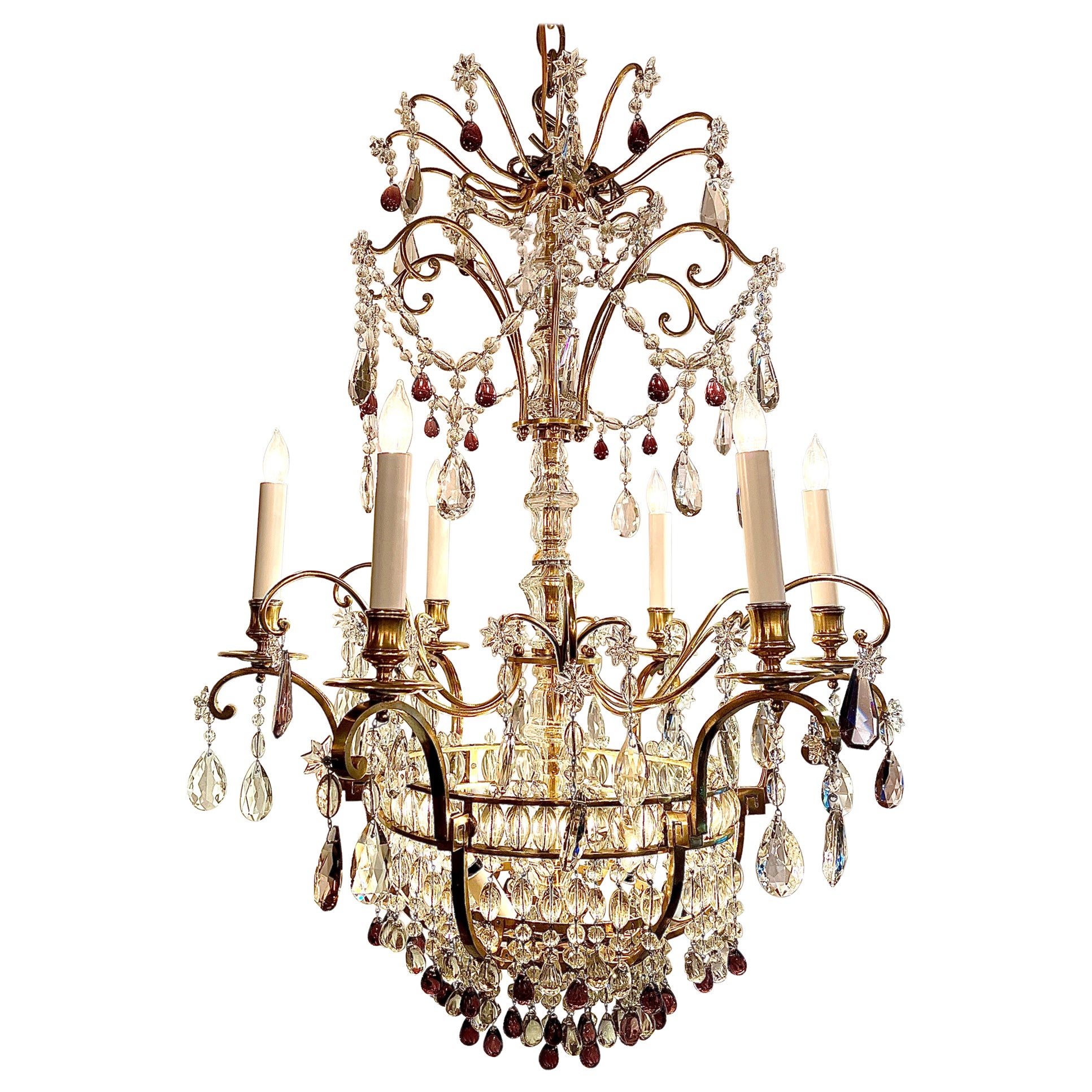 Antique French Clear & Colored Cut Crystal and Gold Bronze Chandelier, Ca. 1890 