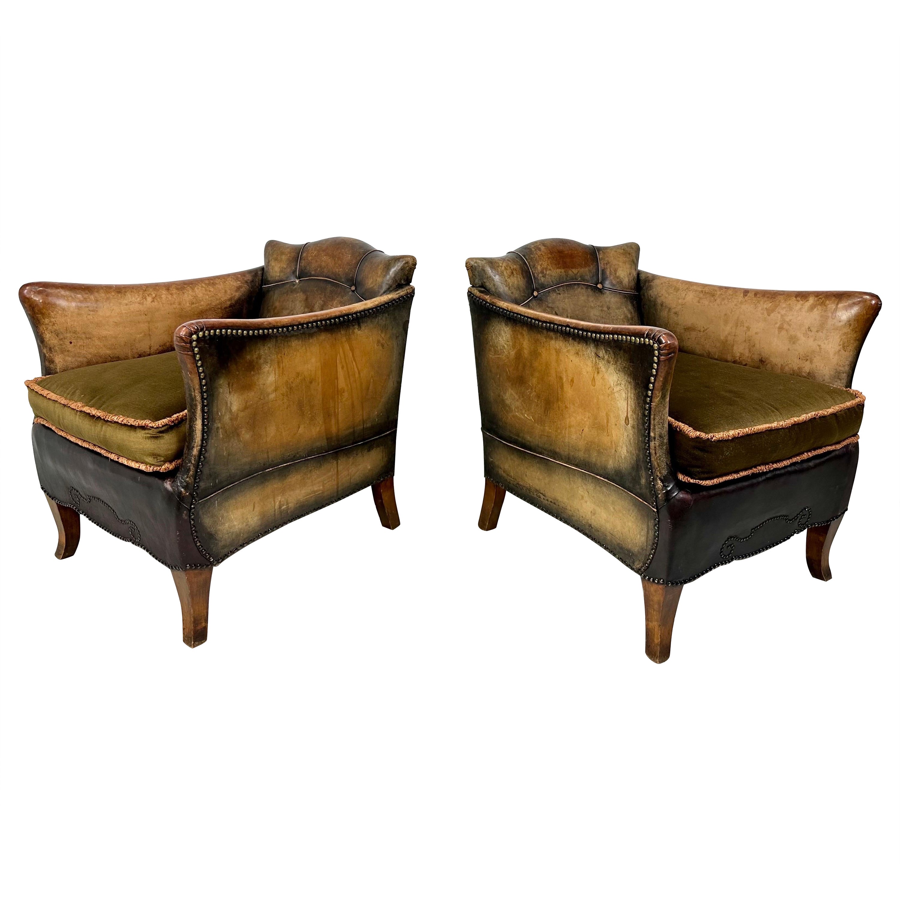 Pair of 1930’s European Leather Lounge For Sale