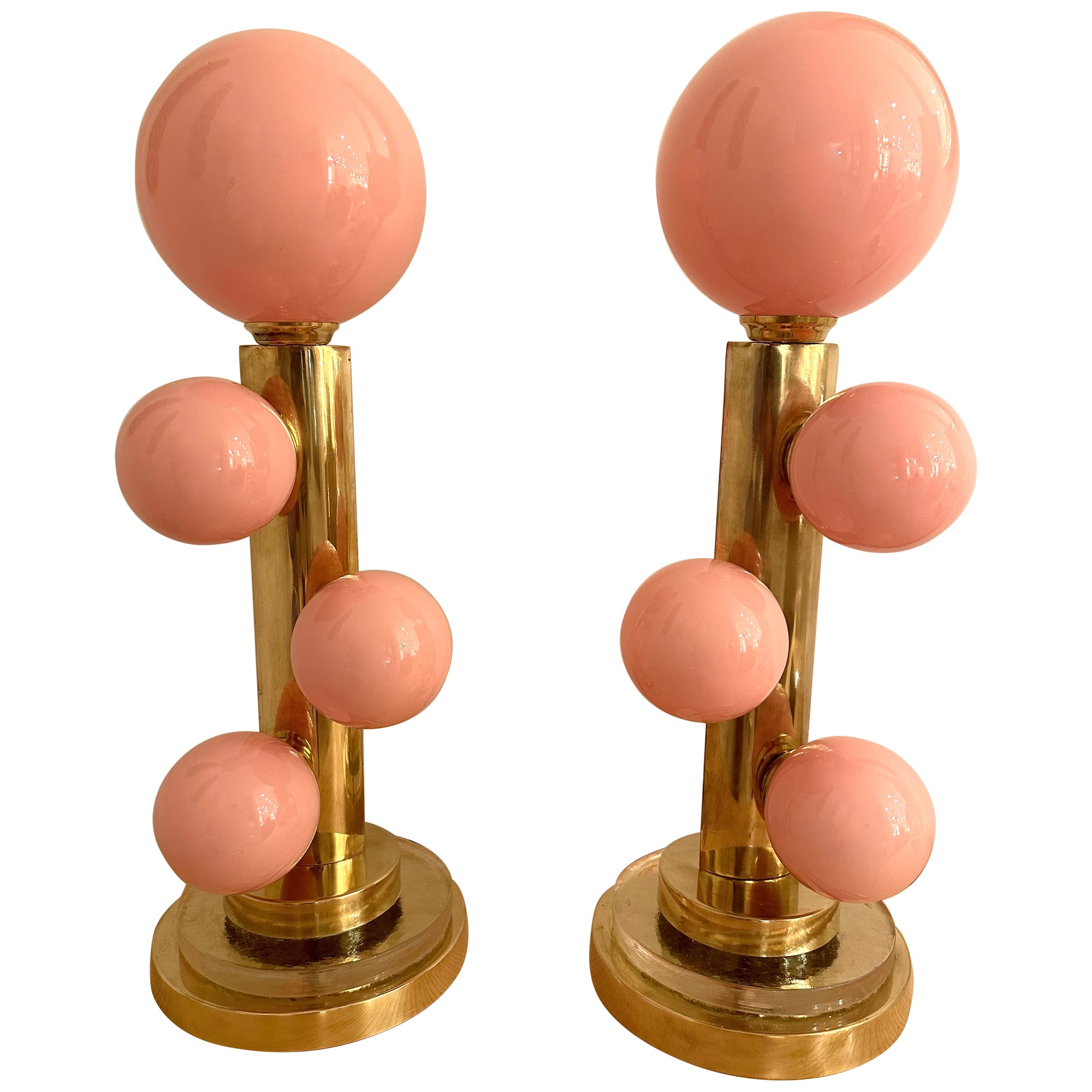 Contemporary Pair of Brass and Murano Glass Bubble Gum Lamps, Italy For Sale