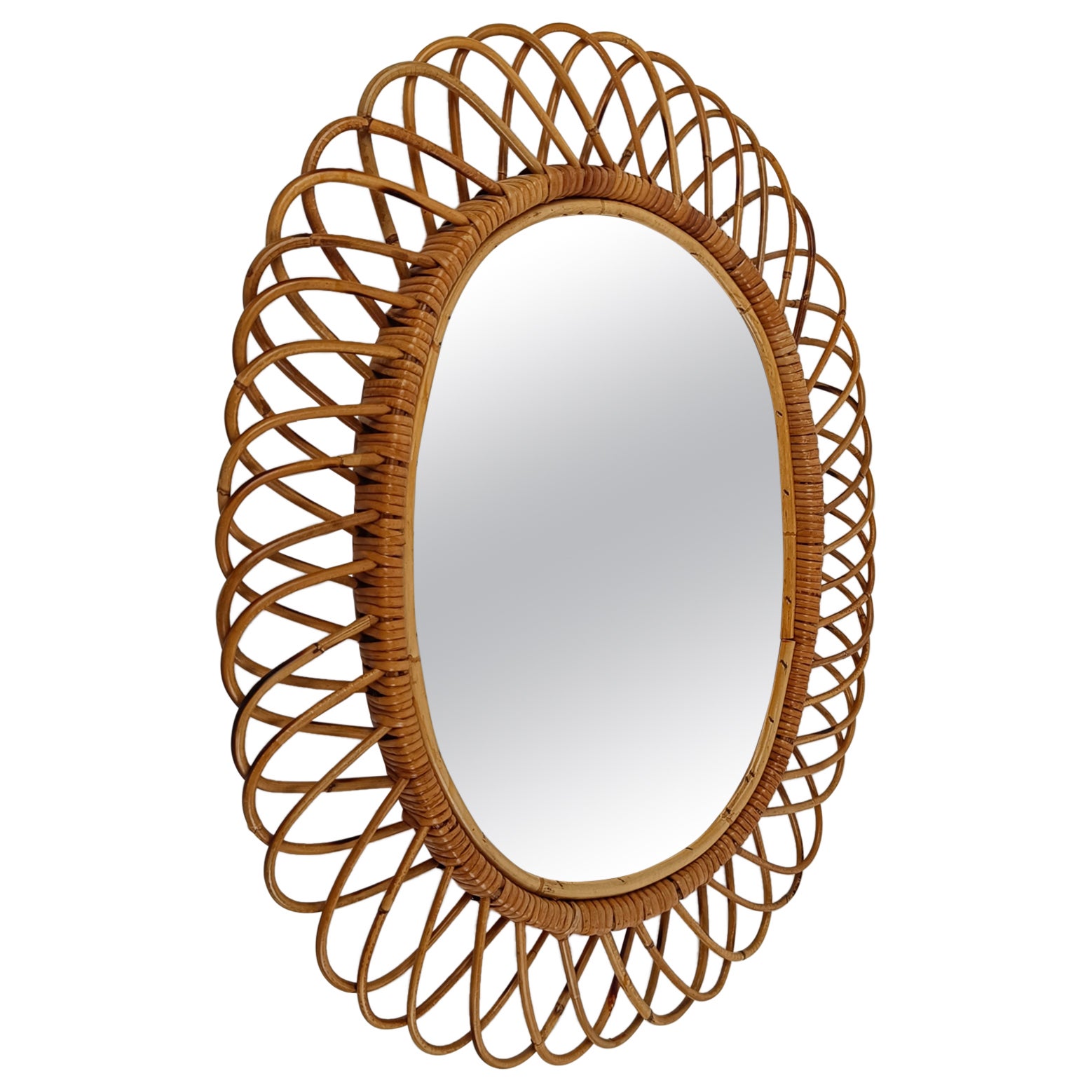  Italian Oval Mirror made in Bamboo, Cane and Rattan in the Riviera Style 1960s  For Sale