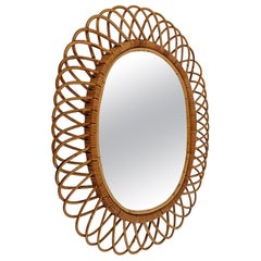 Retro  Italian Oval Mirror made in Bamboo, Cane and Rattan in the Riviera Style 1960s 
