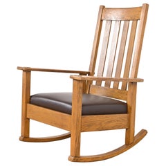 Antique Stickley Brothers Arts & Crafts Oak and Leather Rocking Chair, Circa 1900