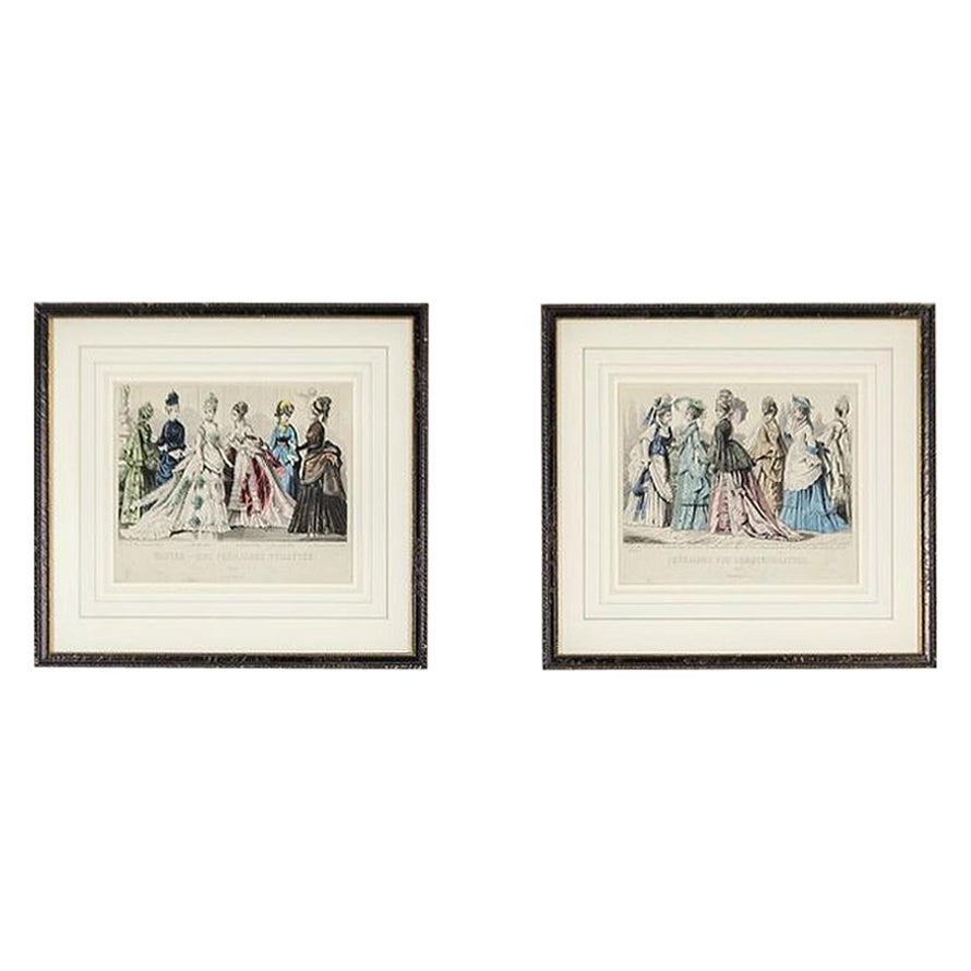 Two Prints Depicting Late-19th Century Fashion Framed in Wood