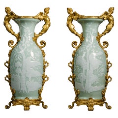Pair of Gilt-Bronze Mounted Chinese Celadon-Ground Porcelain Vases