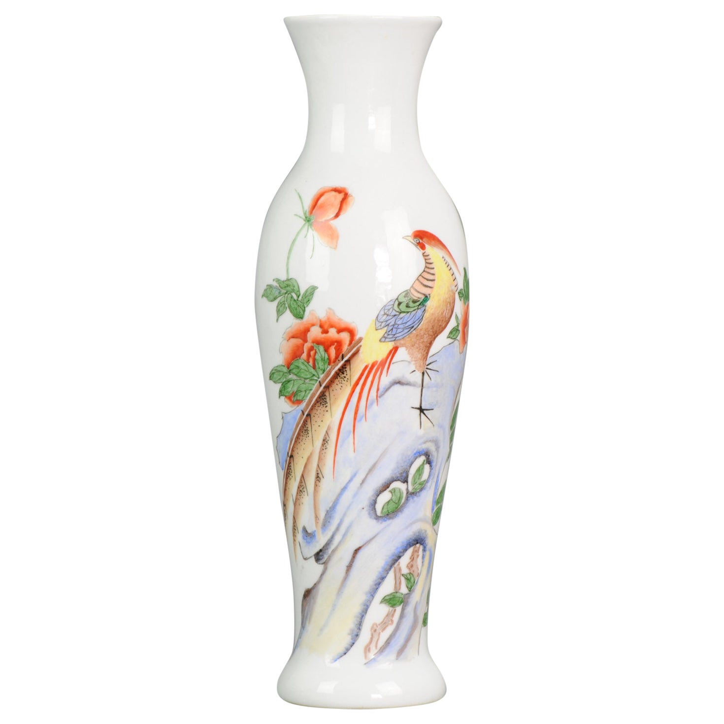Ravissant vase en porcelaine chinoise Proc avec oiseau et calligraphie, 20e siècle