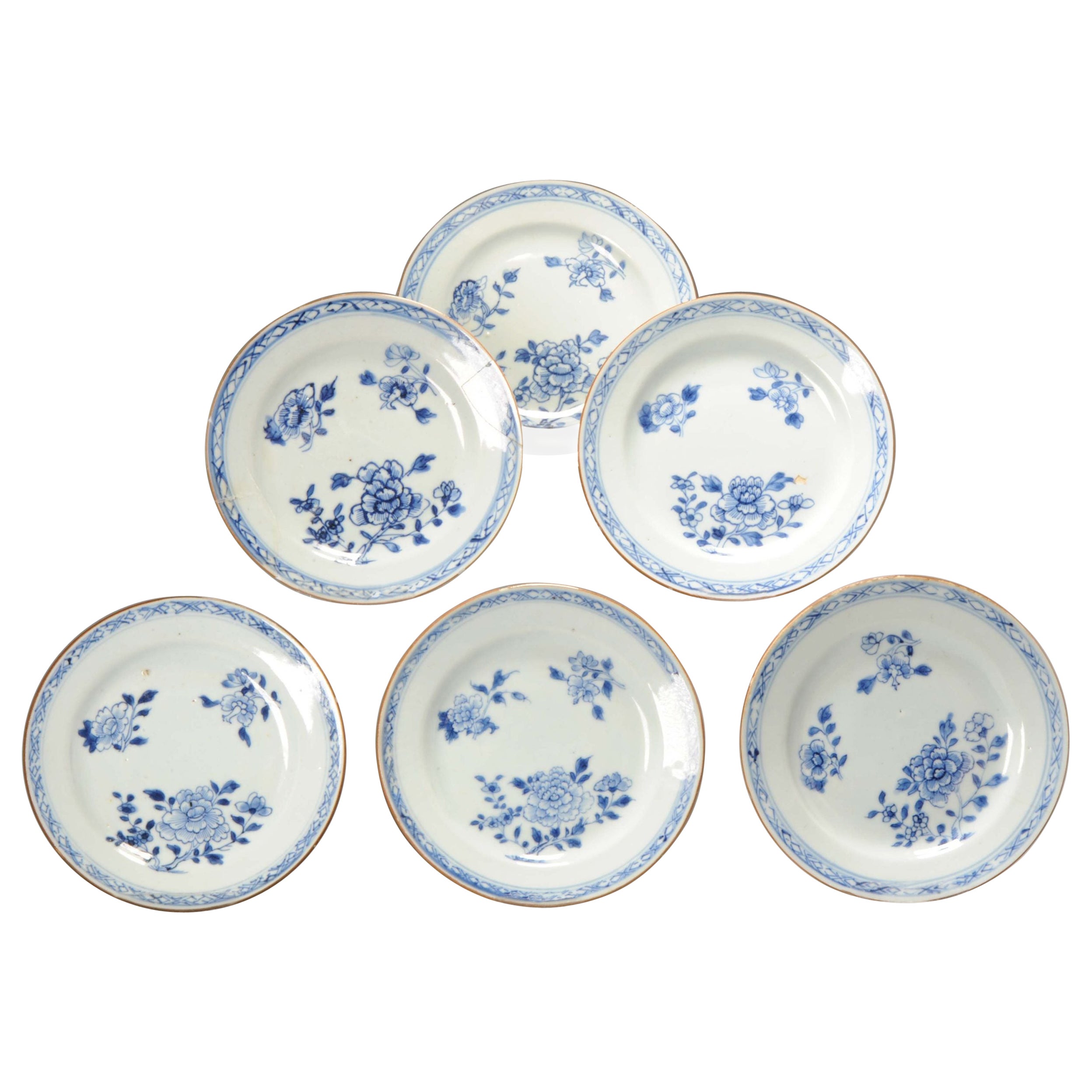 Set of 6 Antique Chinese Porcelain Blue White Porridge Dinner Plates, 18th Cent For Sale
