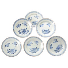 Set of 6 Antique Chinese Porcelain Blue White Porridge Dinner Plates, 18th Cent