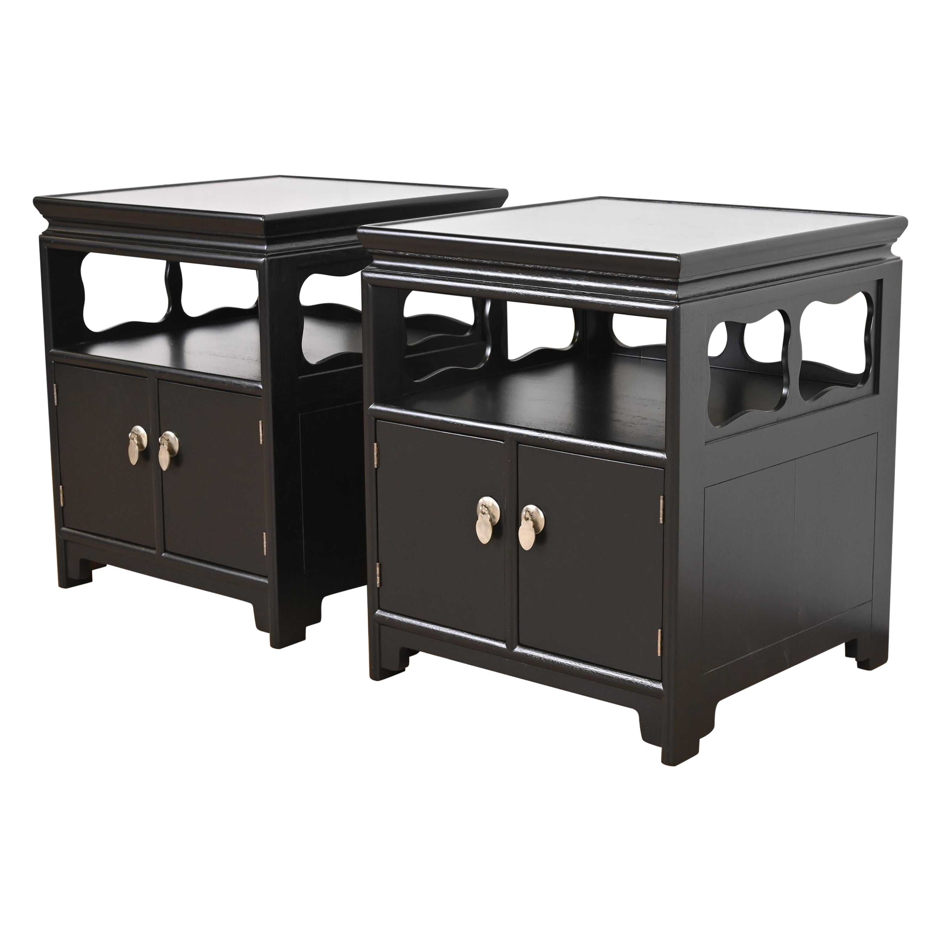 Michael Taylor for Baker Far East Collection Black Lacquered Nightstands, Pair For Sale