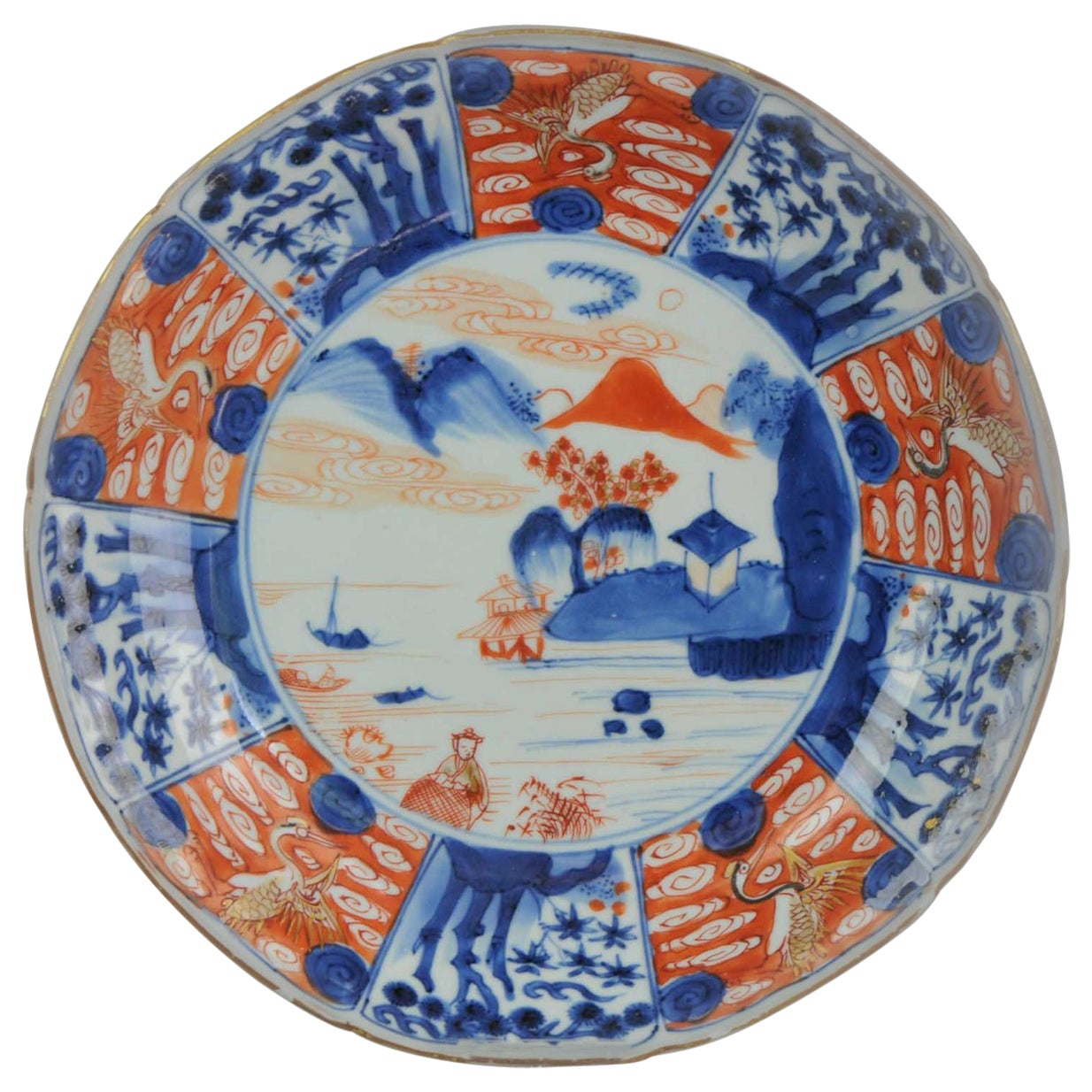 Antiker Kangxi-Porzellanteller, gekennzeichnete Landschaft, Kupferrot, um 1680
