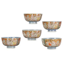 Set of 5 Antique Japanese Edo Period Tea Bowls Porcelain Imari 7 Gods of Fortune