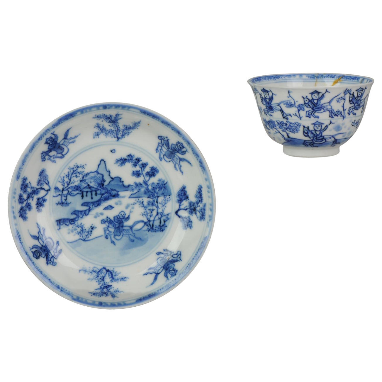 Ancienne assiette en porcelaine chinoise Kangxi Horse Master of the Rocks, vers 1680-1700