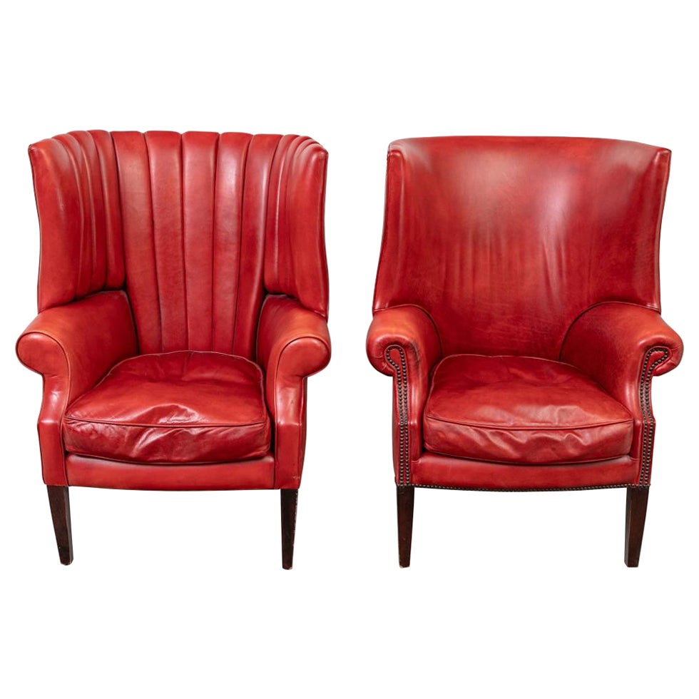 Incredible Pair Of Compatible Lipstick Red Leather Wing Chairs For Sale