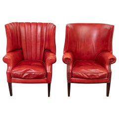 Incredible Pair Of Compatible Lipstick Red Leather Wing Chairs