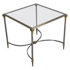 Table basse carrée en acier poli et verre dans le style de Jansen