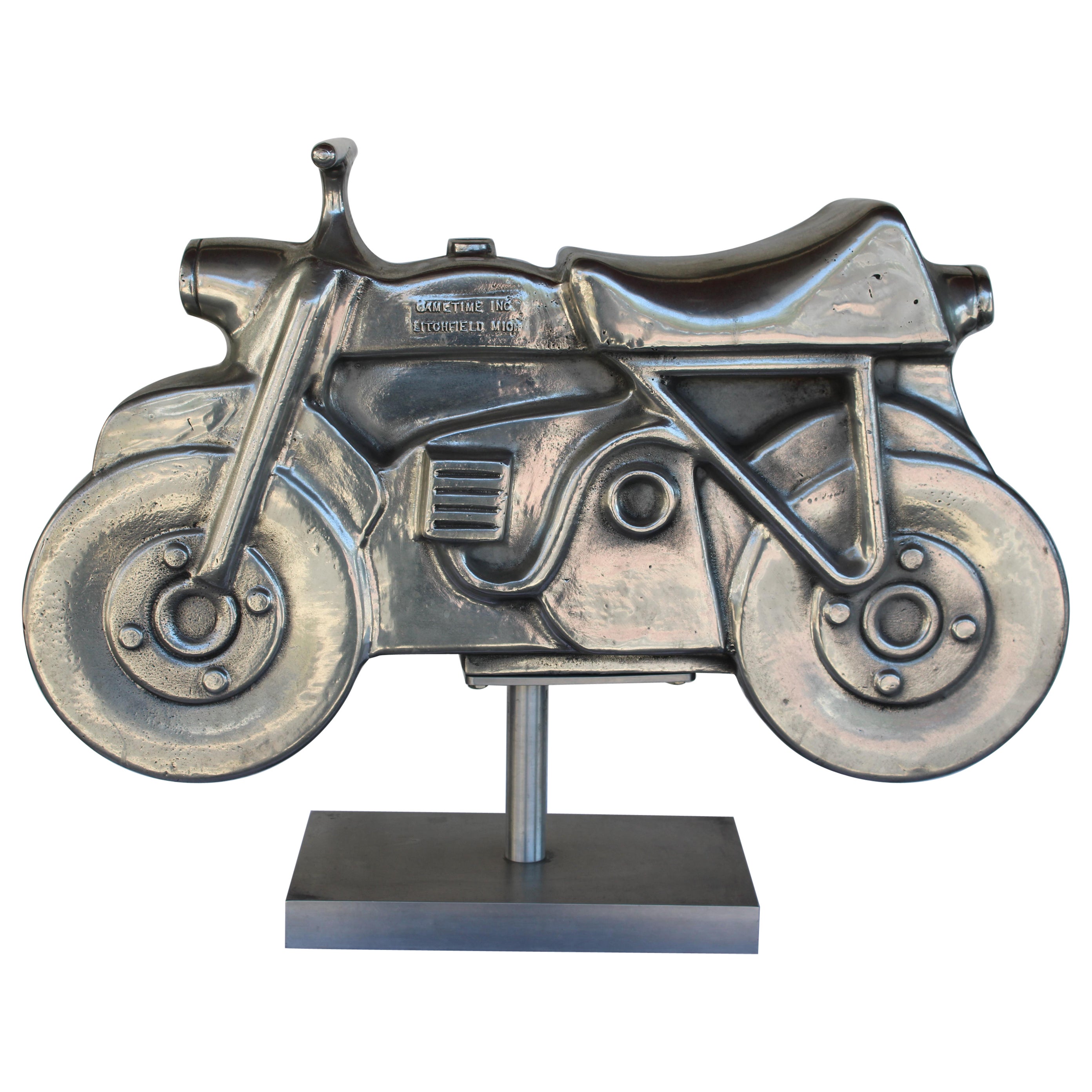 Aluminum Motorcycle Playground Toy Sculpture on Stand For Sale
