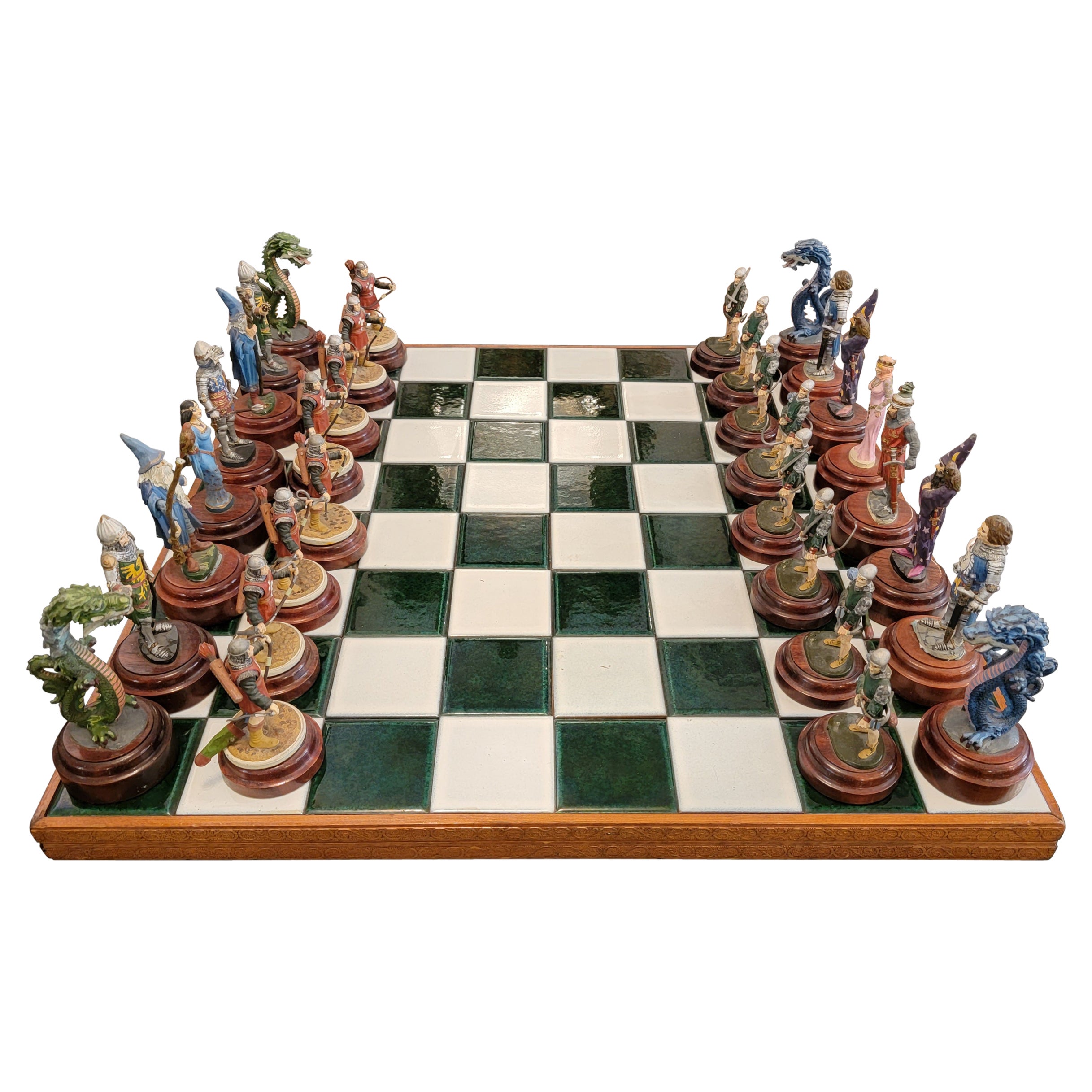 Mid Century Tiled and Wood Chess Board With Metal Hand Painted Chess Figurines For Sale