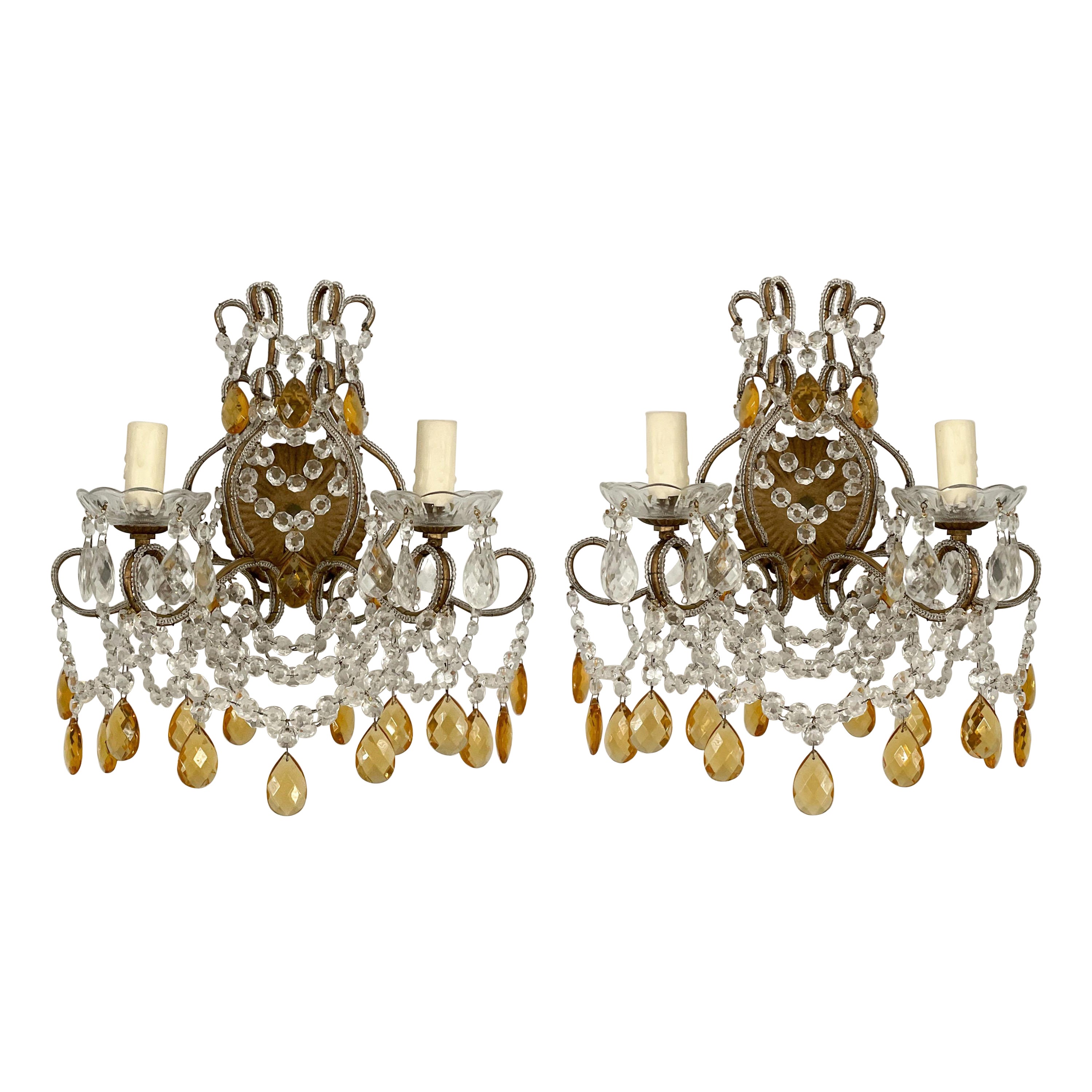 Italian Crystal Beaded Sconces With Amber Prisms 