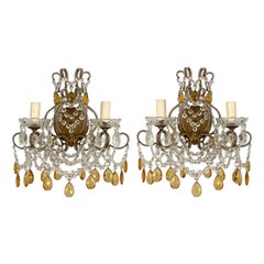 Italian Crystal Beaded Sconces With Amber Prisms 