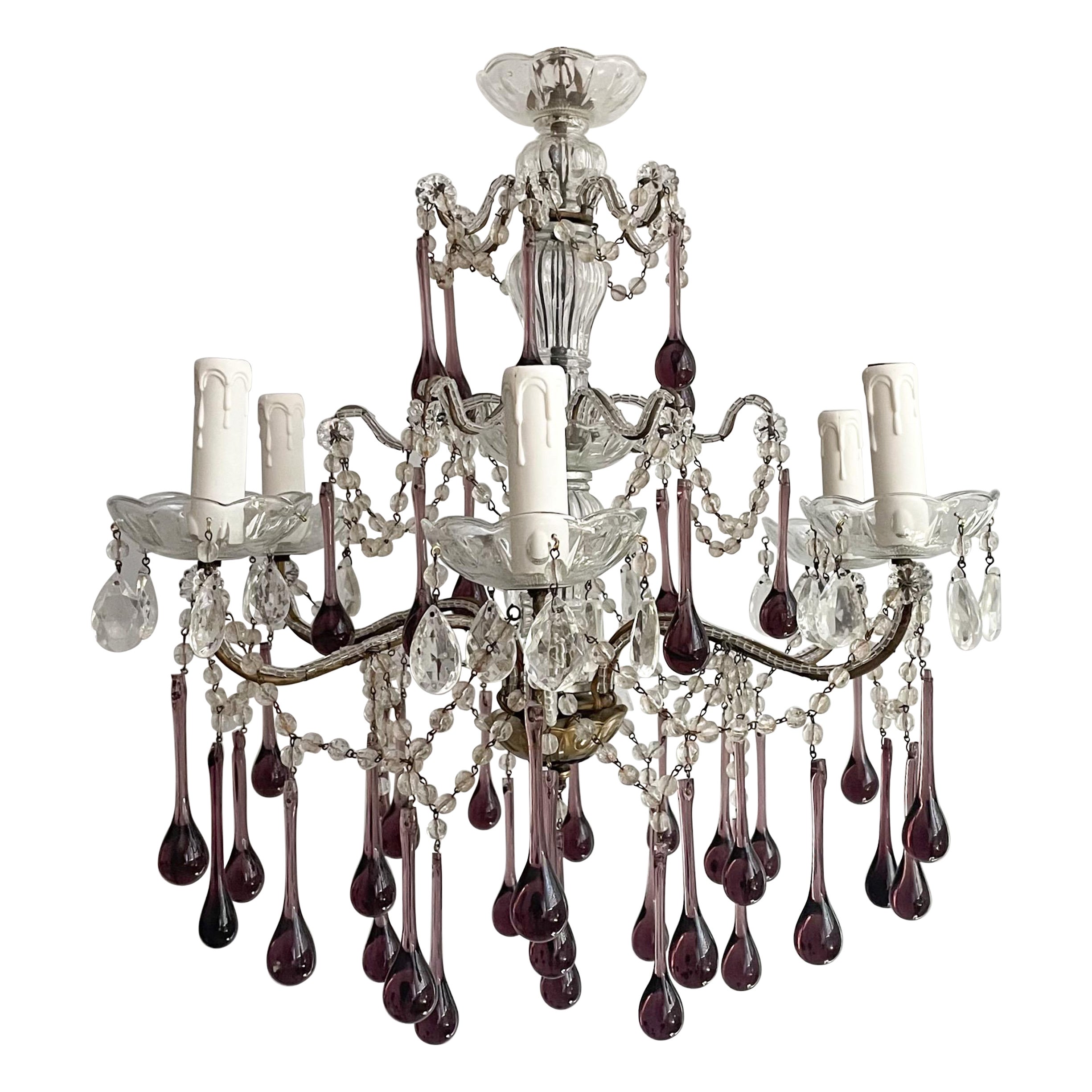Italian Crystal Beaded Chandelier With Amethyst Murano Glass Drops For Sale