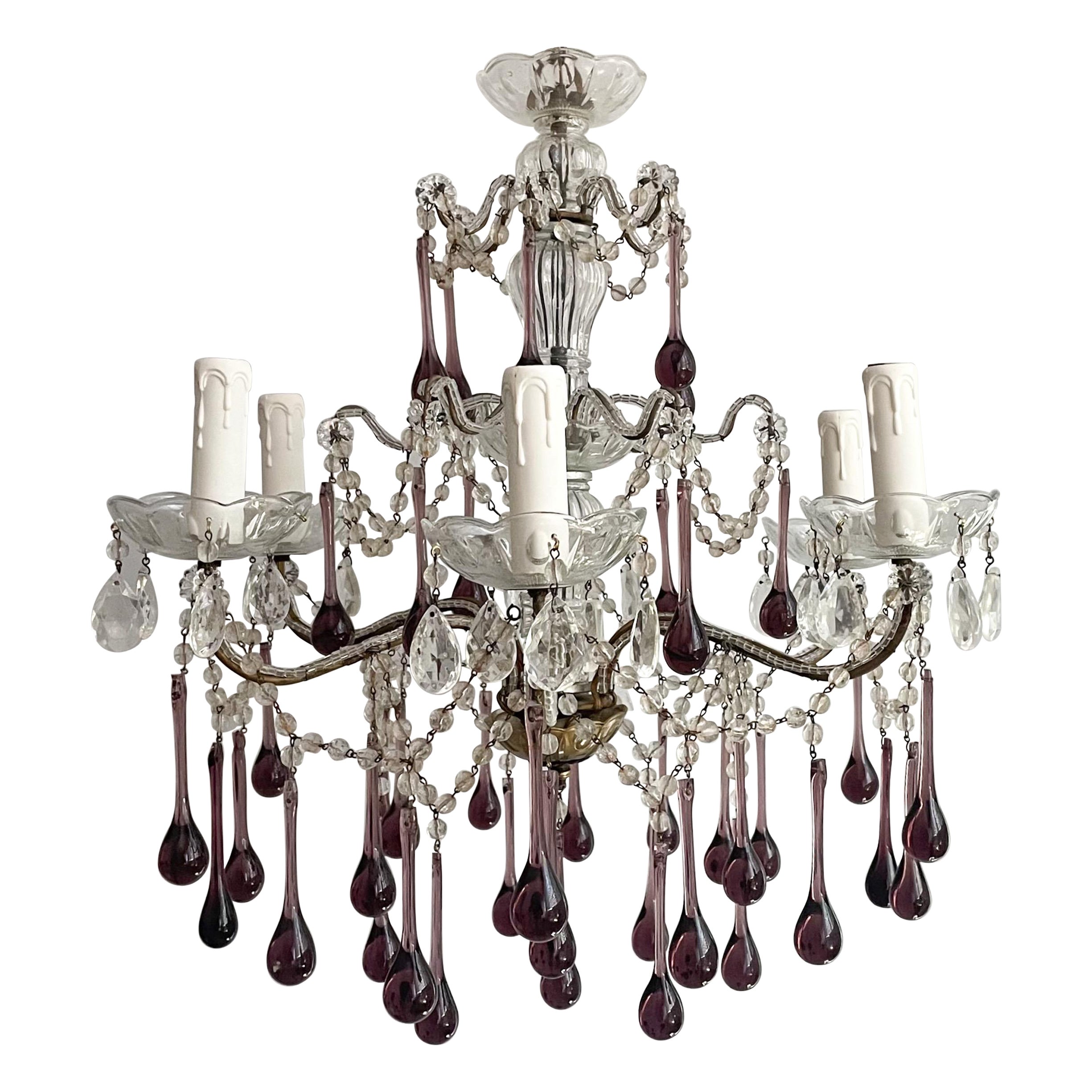 Araña de cristal italiano con gotas de cristal de Murano amatista en venta