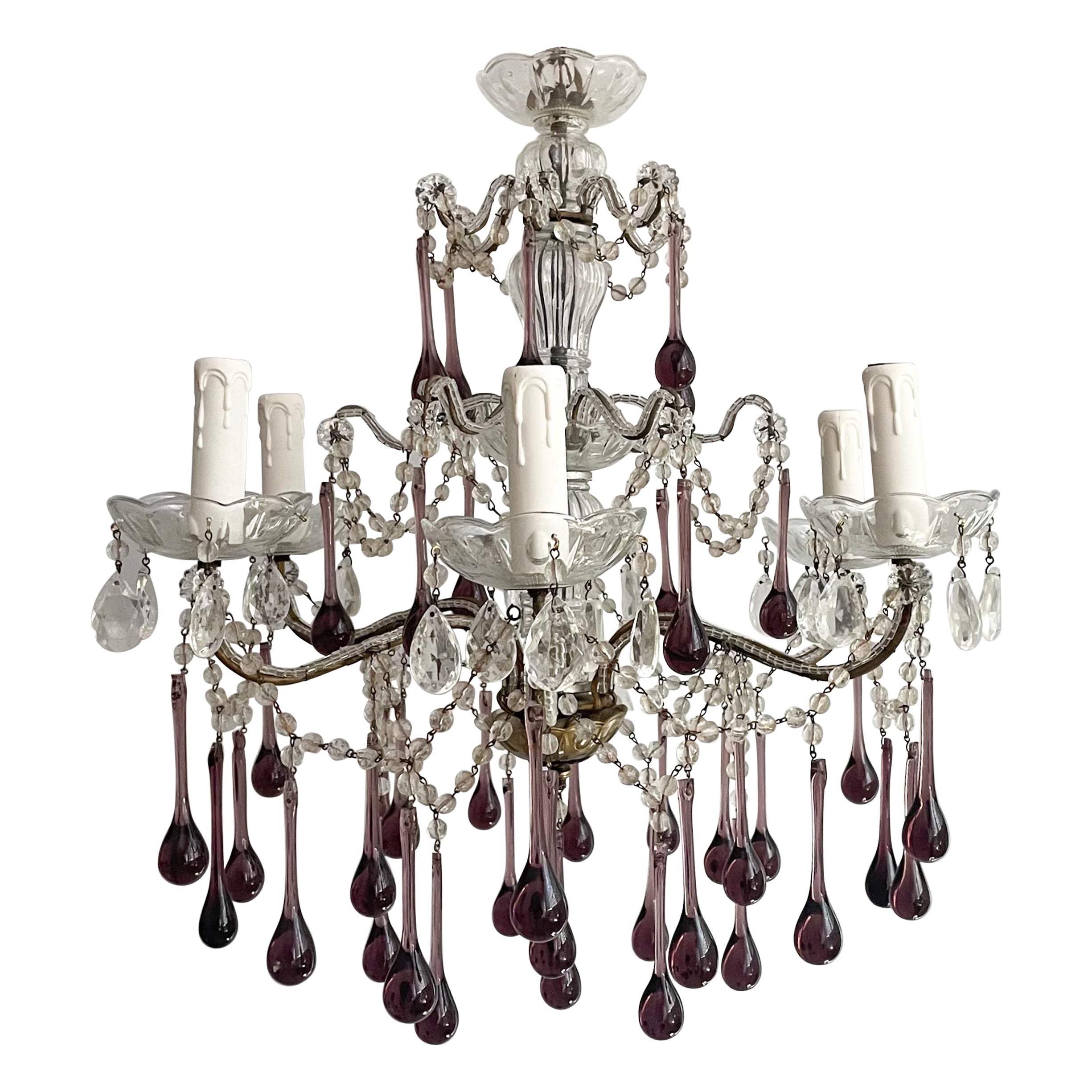 Italian Crystal Beaded Chandelier With Amethyst Murano Glass Drops