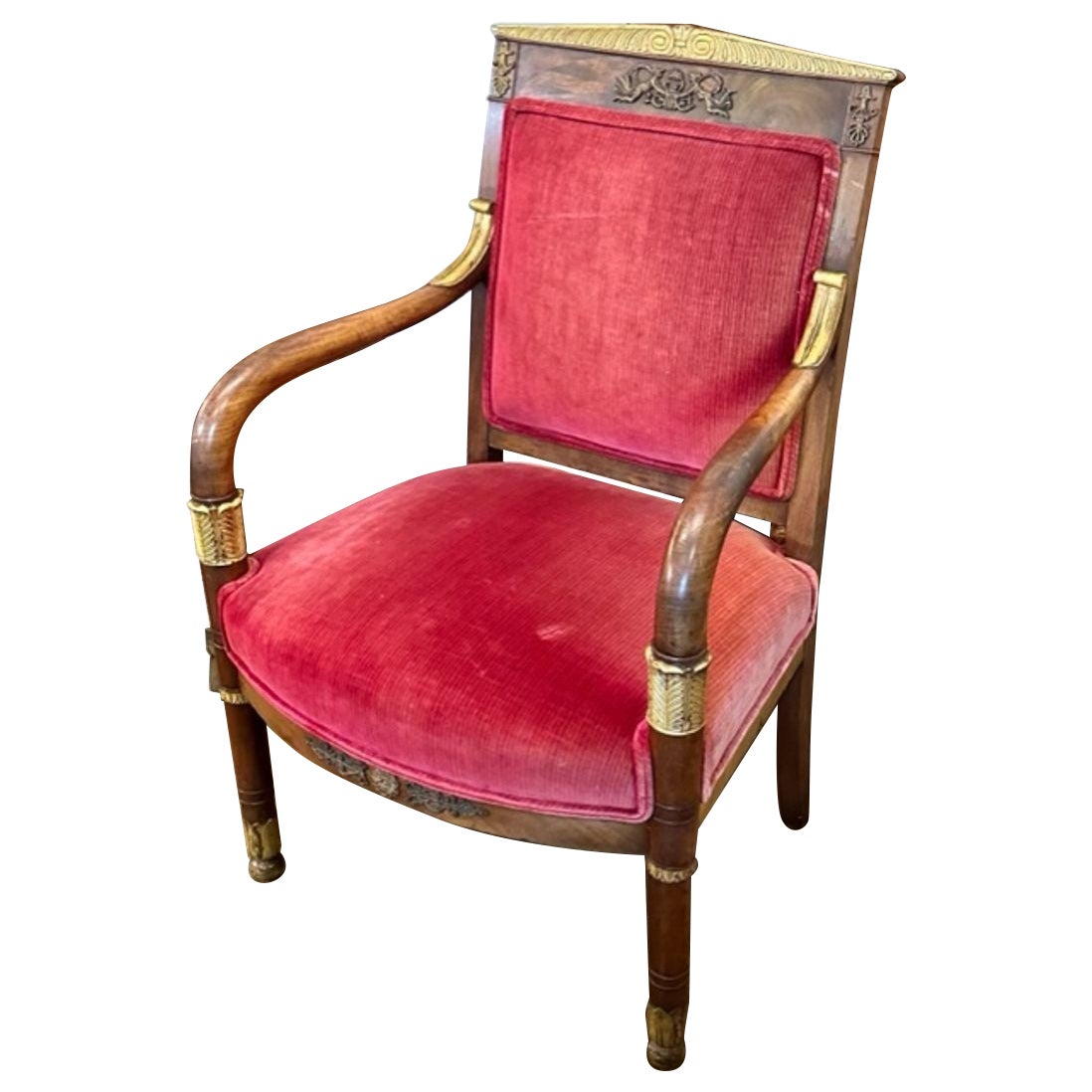 19th Century French Empire Mahogany and Gilt Armchair For Sale