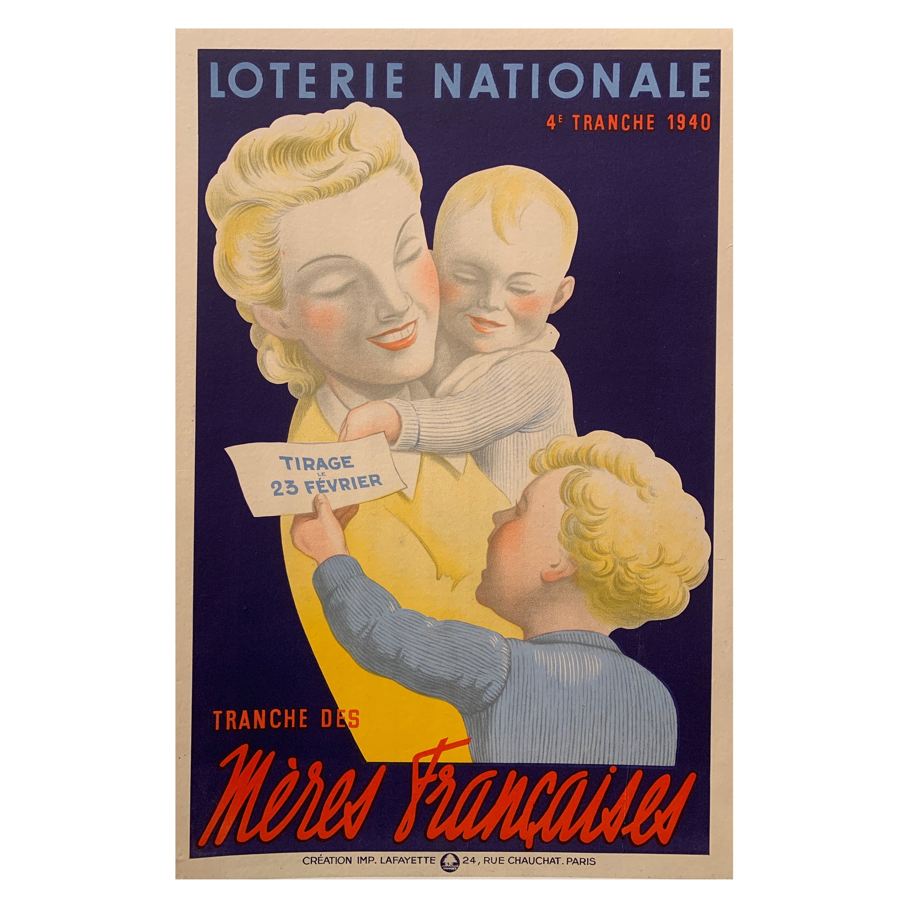 Affiche vintage d'origine Art déco, 1940, "Loterie Nationale" Meres Francaises