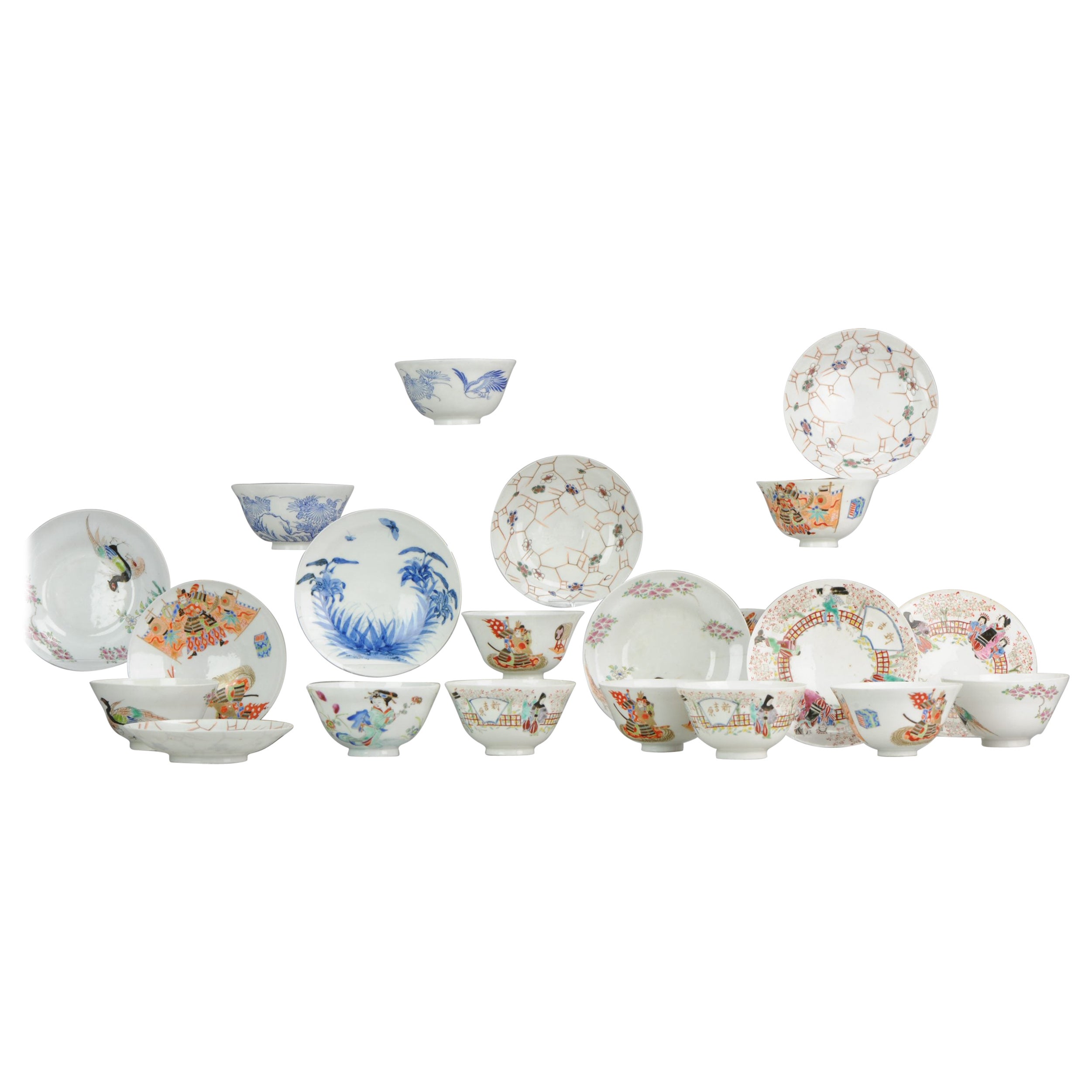 Set of 20 Antique Japanese Arita Kangxi Style Tea Set Flowers Porcelain, 19th C For Sale