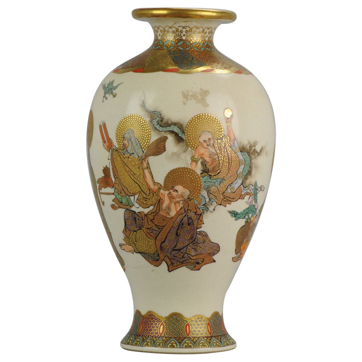 Antique Meiji Japanese Satsuma Vase Iwa or Gan. Figures Marked Base, 19th Cen For Sale