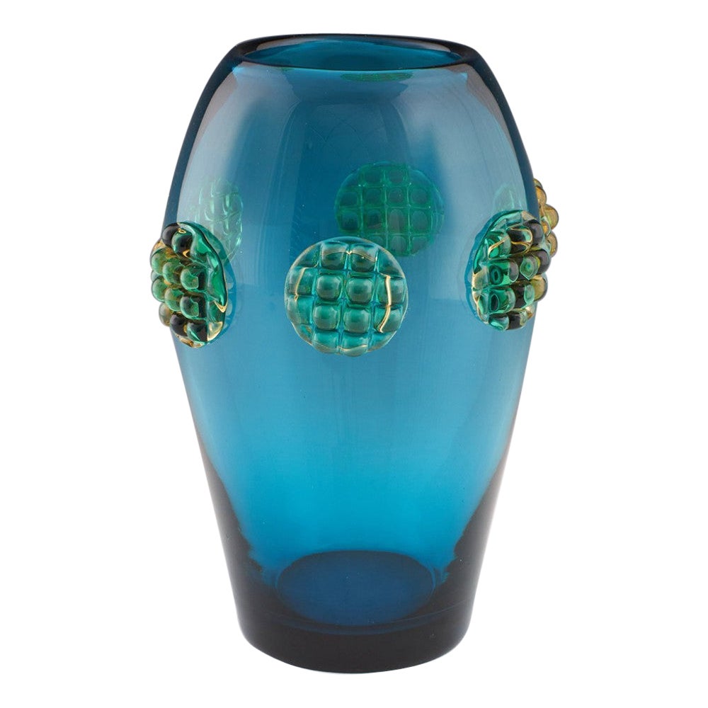 Czech Prachen Blue Applied Vase with Yellow Prunts Designed Josef Hospodka 1969 For Sale