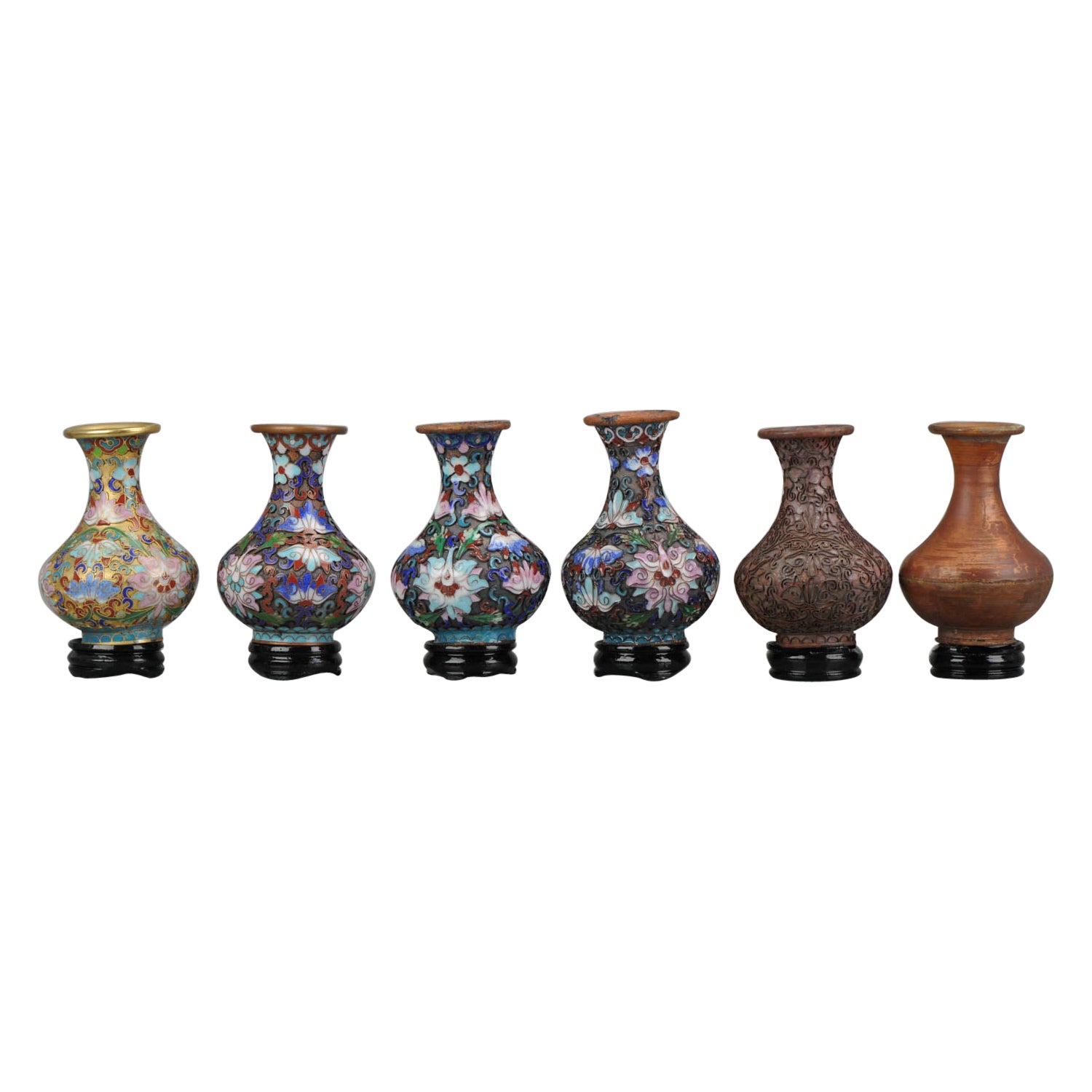 Set of 6 Chinese Manufacturing Process Colorfull Vase CLoisonne Enamel, 20th Cen For Sale
