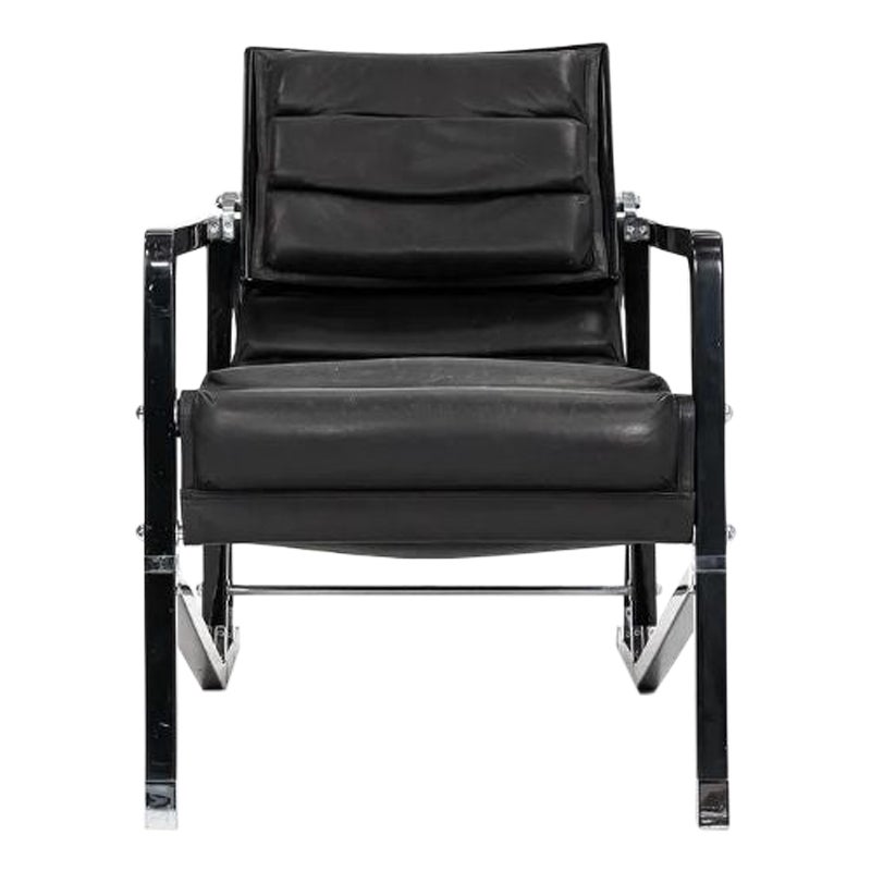 1980s Eileen Gray for Ecart Transat Lounge Chair with Black Leather and Lacquer For Sale