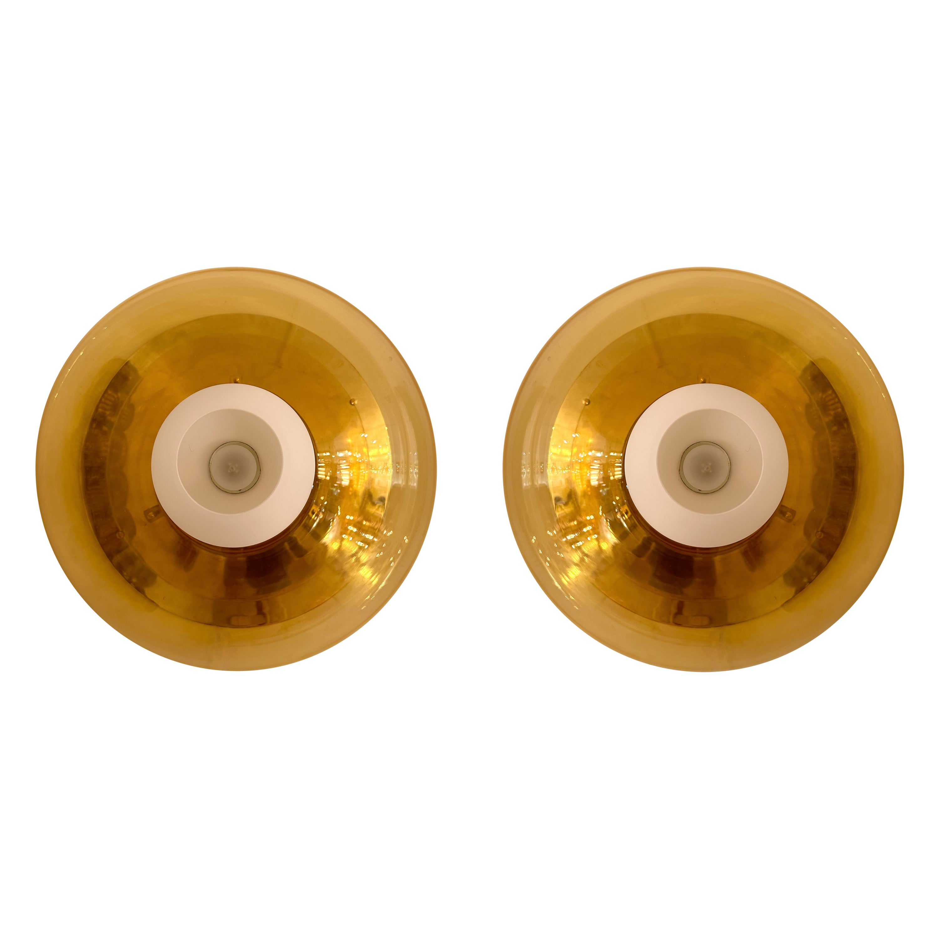 Contemporary Pair of Brass and Yellow Murano Glass UFO Sconces, Italy