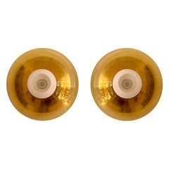 Contemporary Pair of Brass and Yellow Murano Glass UFO Sconces, Italy