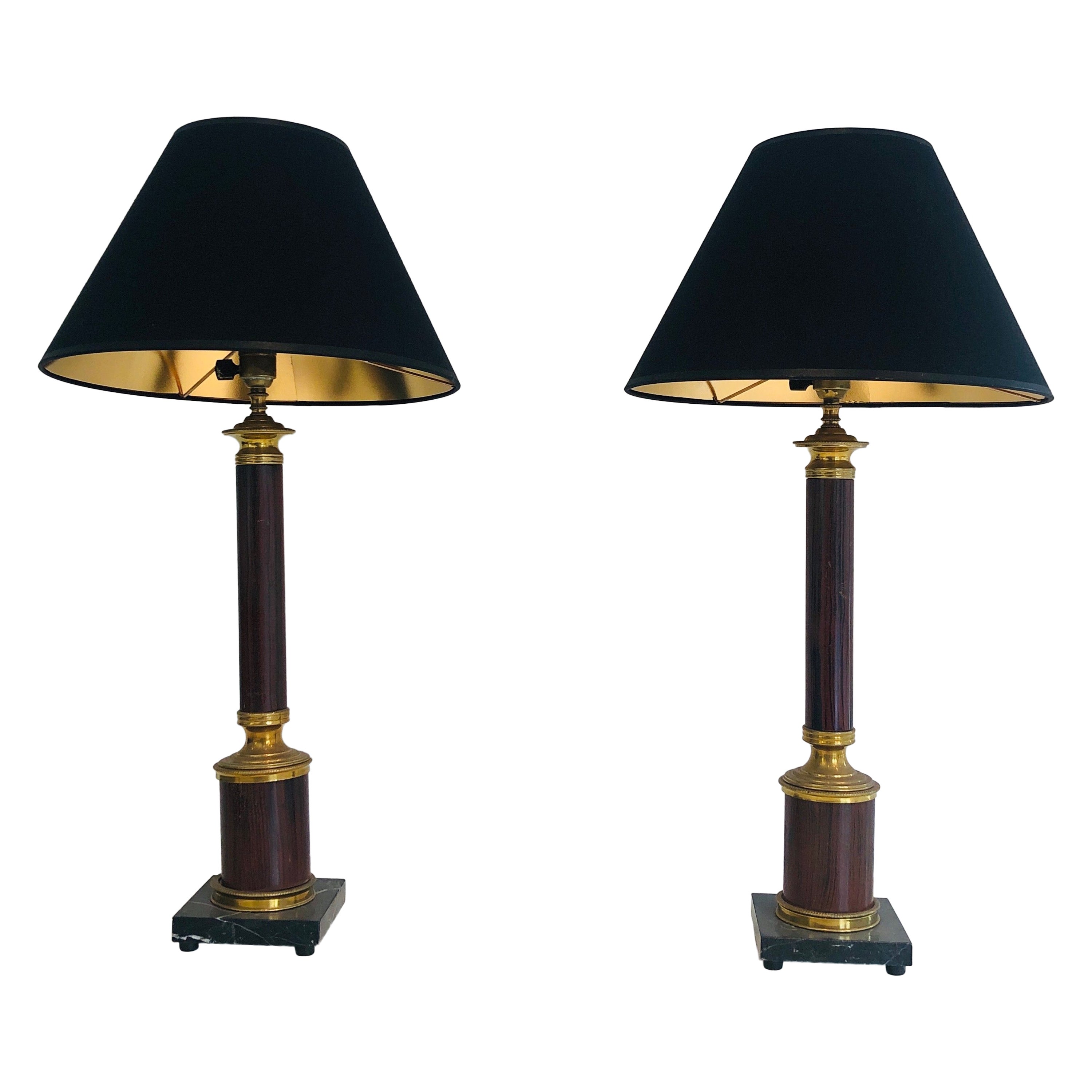 Pair of Neoclassical Style Faux-Bois Metal and Brass Table Lamps For Sale