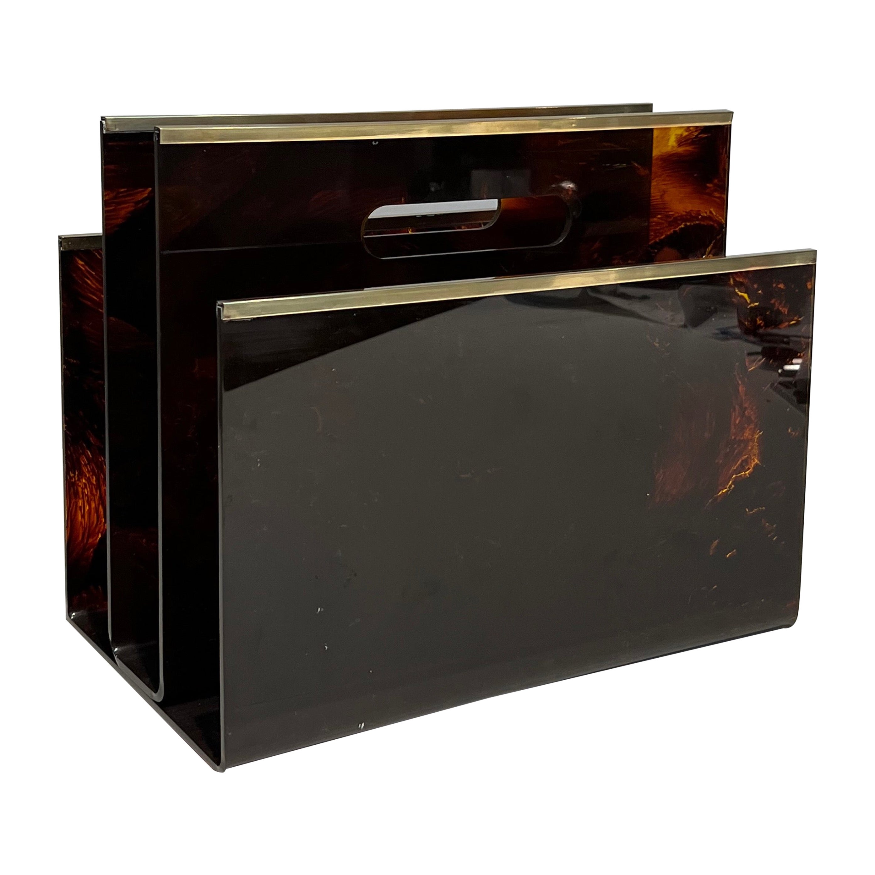 Faux-Tortoise Shell Plexiglass and Brass Magazine Rack For Sale