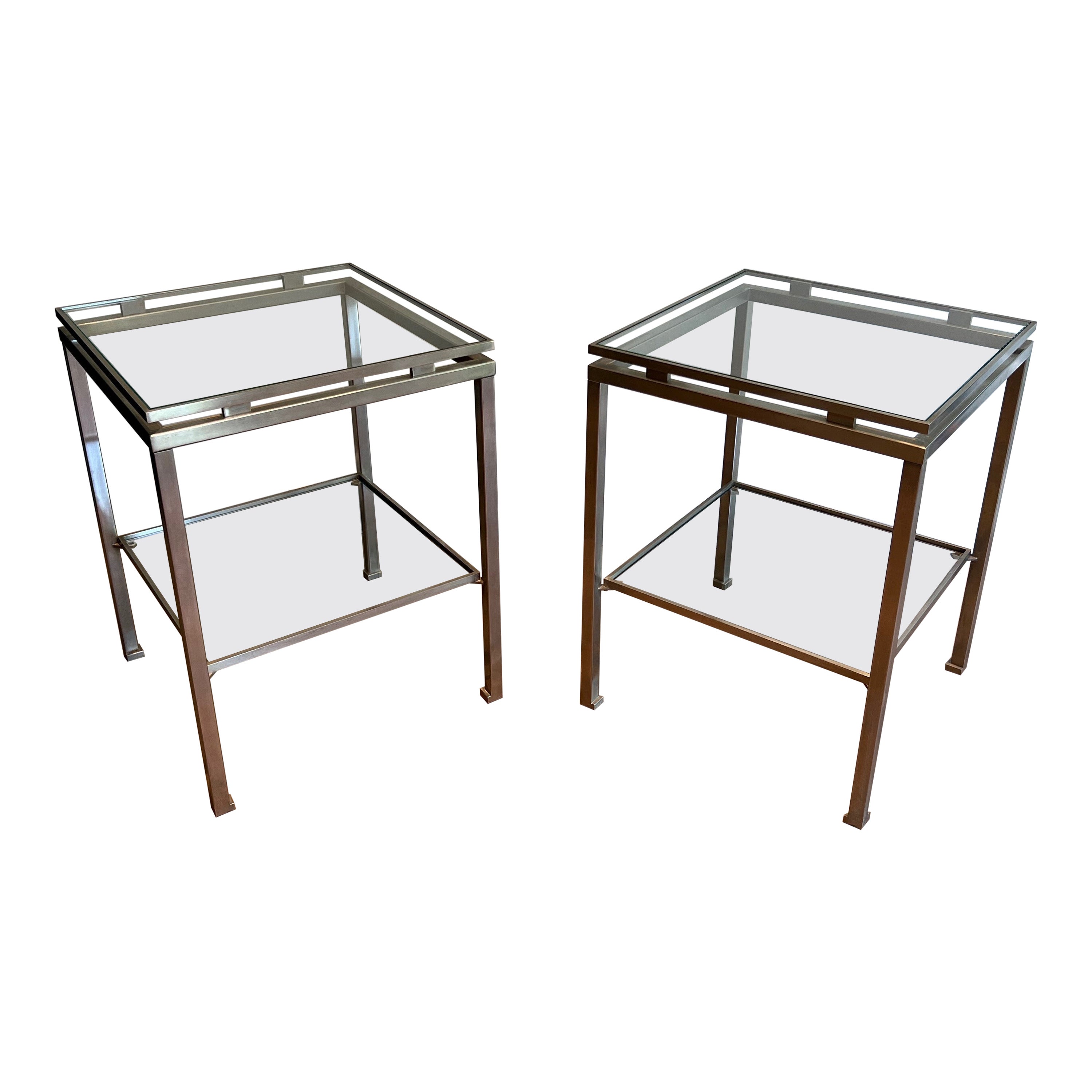 Pair of brushed steel side tables by Guy Lefèvre for Maison Jansen For Sale