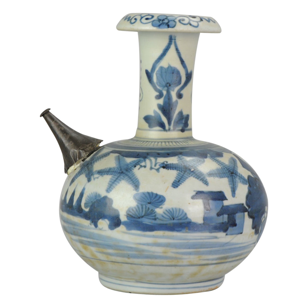 Edo Japanese Porcelain Arita Blue & White Ghendi Kendi Antique Floral, 17th Cen For Sale