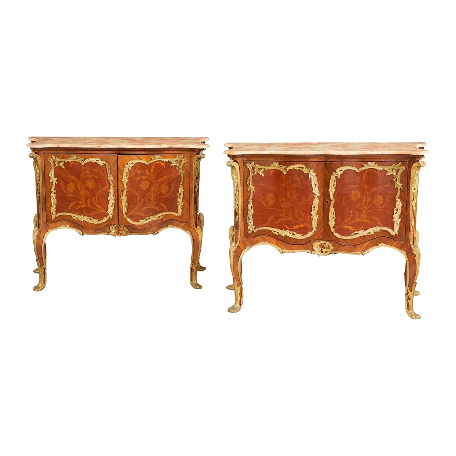 Pair of French Kingwood Bronze Mounted Commodes / Chest of Drawers, Nightstands