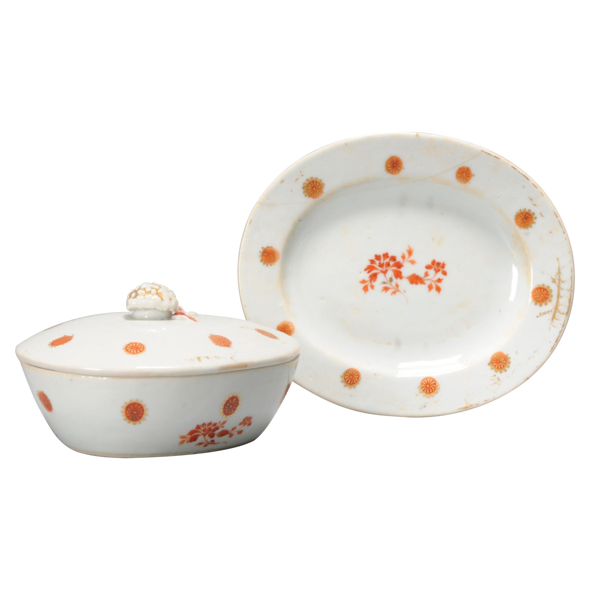 Antike chinesische Lampion Rouge de Fer Butterterrine Qianlong aus Porzellan, Qianlong, 18. Cen im Angebot